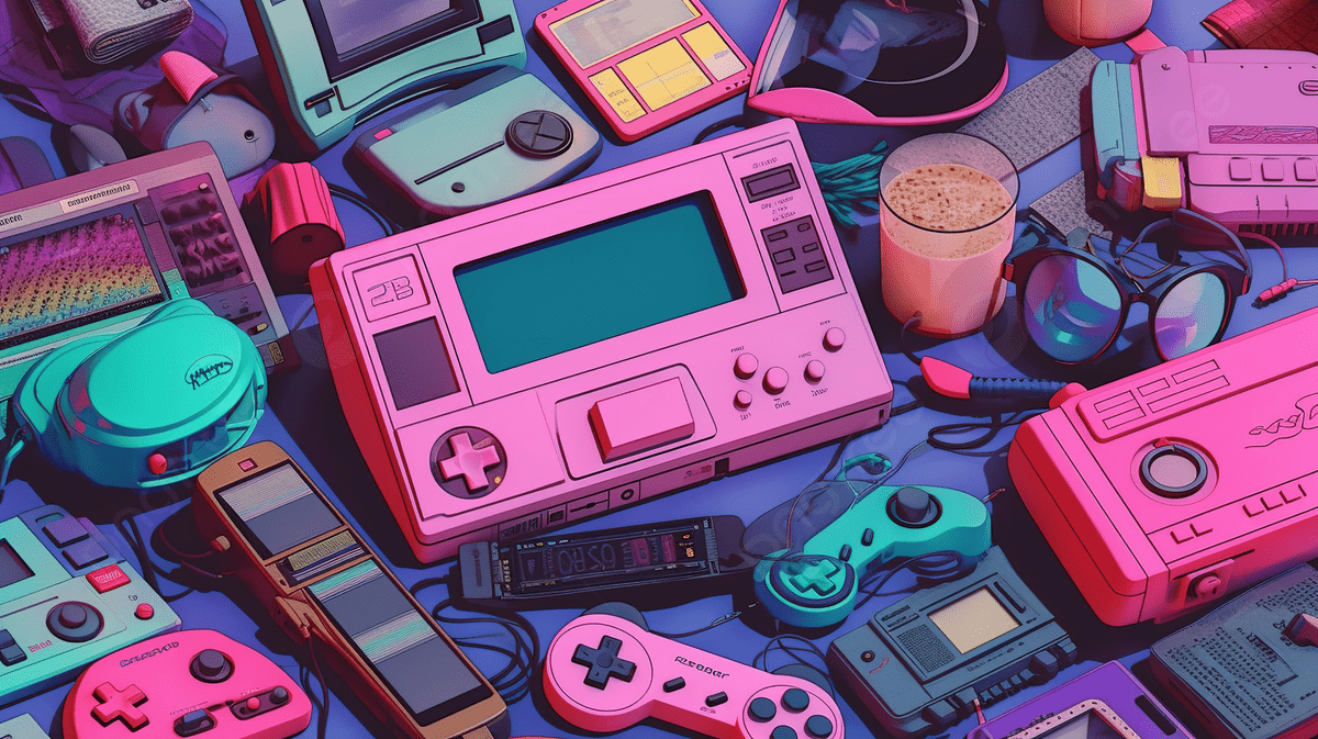 1200x673 Collection Of Retro Games And Accessories Are On A Pink Background, 90s Picture Aesthetic, Aesthetic Powerpoint, Vintage Background Image And Wallpaper for Free Download