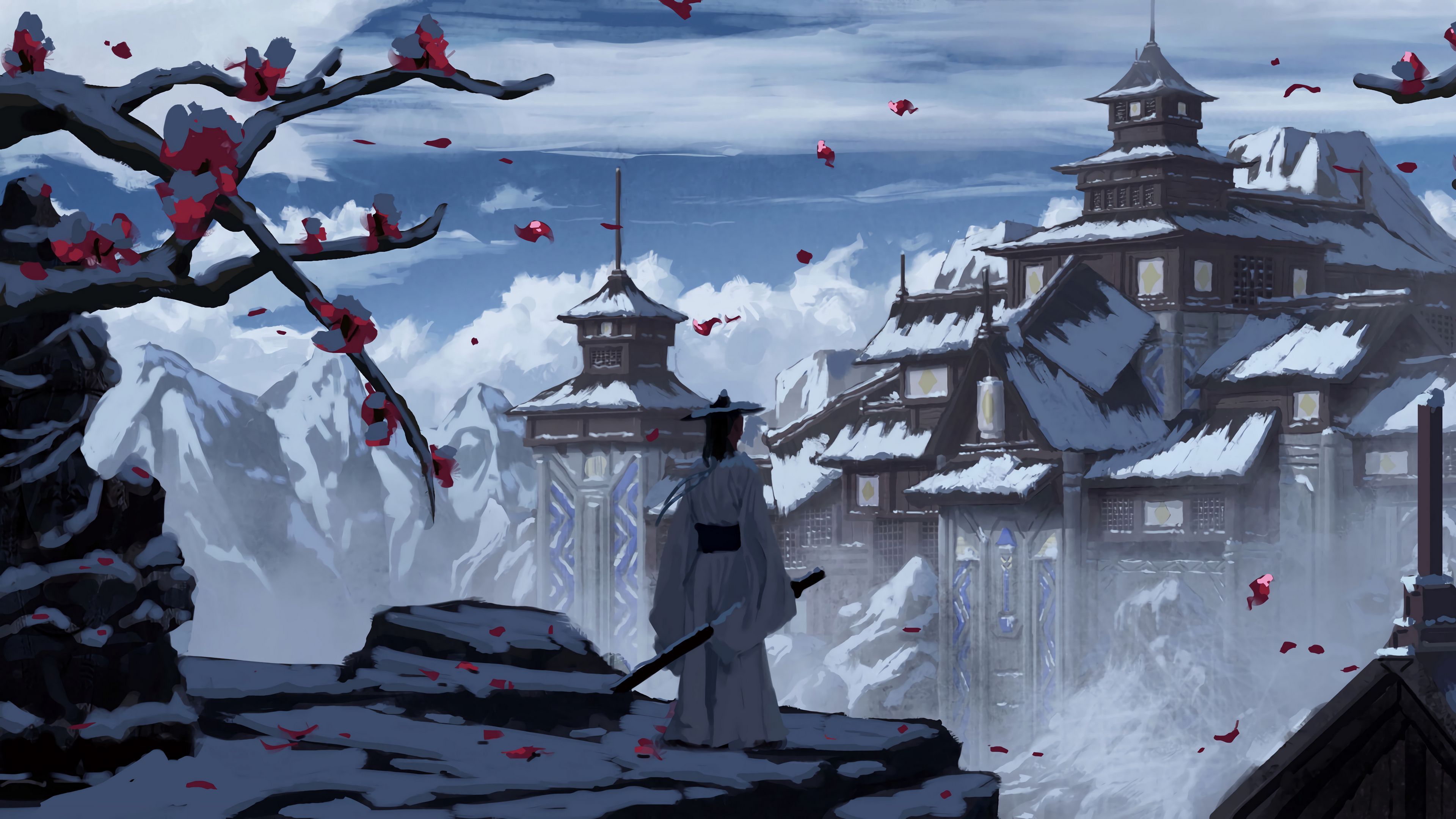 3840x2160 Download wallpaper 3840x2160 samurai, sword, castle, snow, art 4k uhd 16:9 HD background