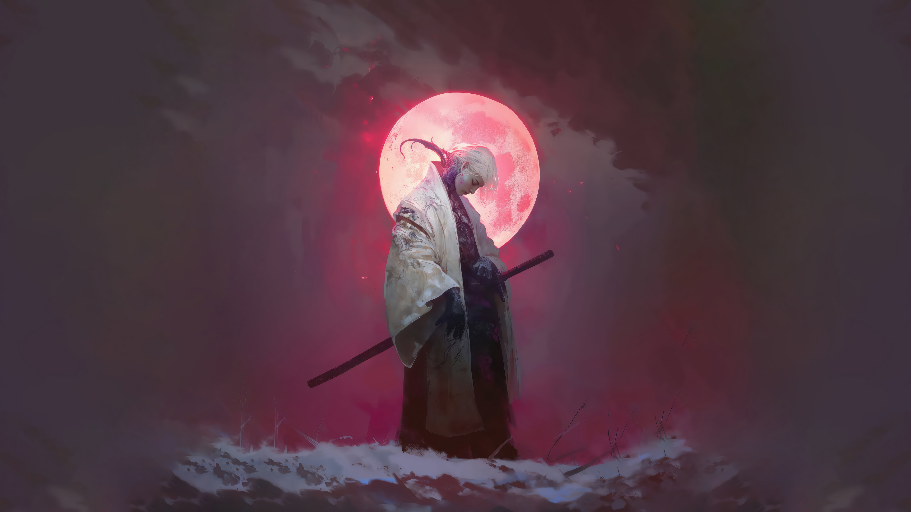 3840x2160 Fantasy Samurai Kimono Full Moon Wallpaper 4K 8K HD PC f