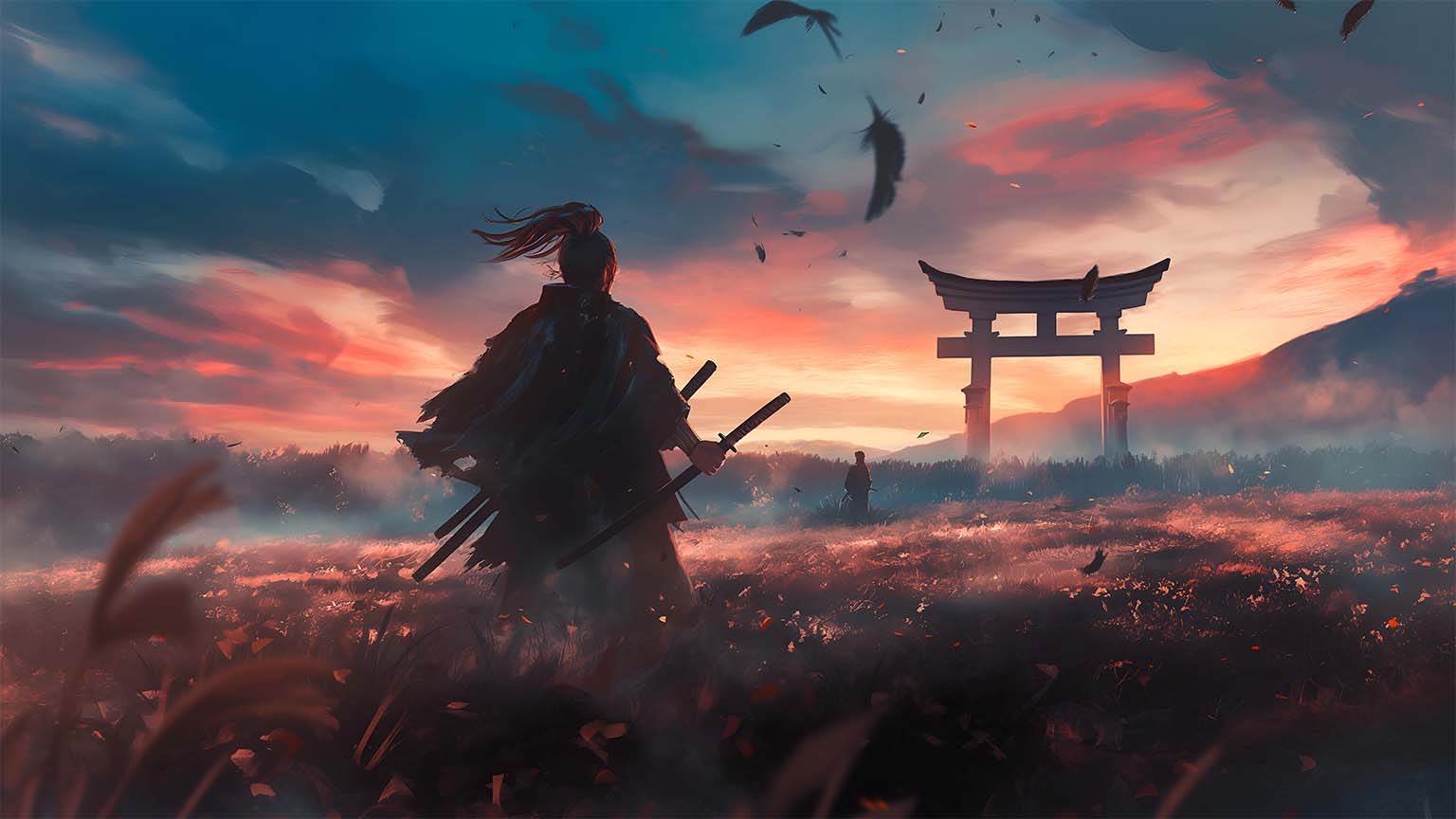 1536x864 Ghost of Tsushima Samurai Sunset Scene Desktop Wallpaper 4K
