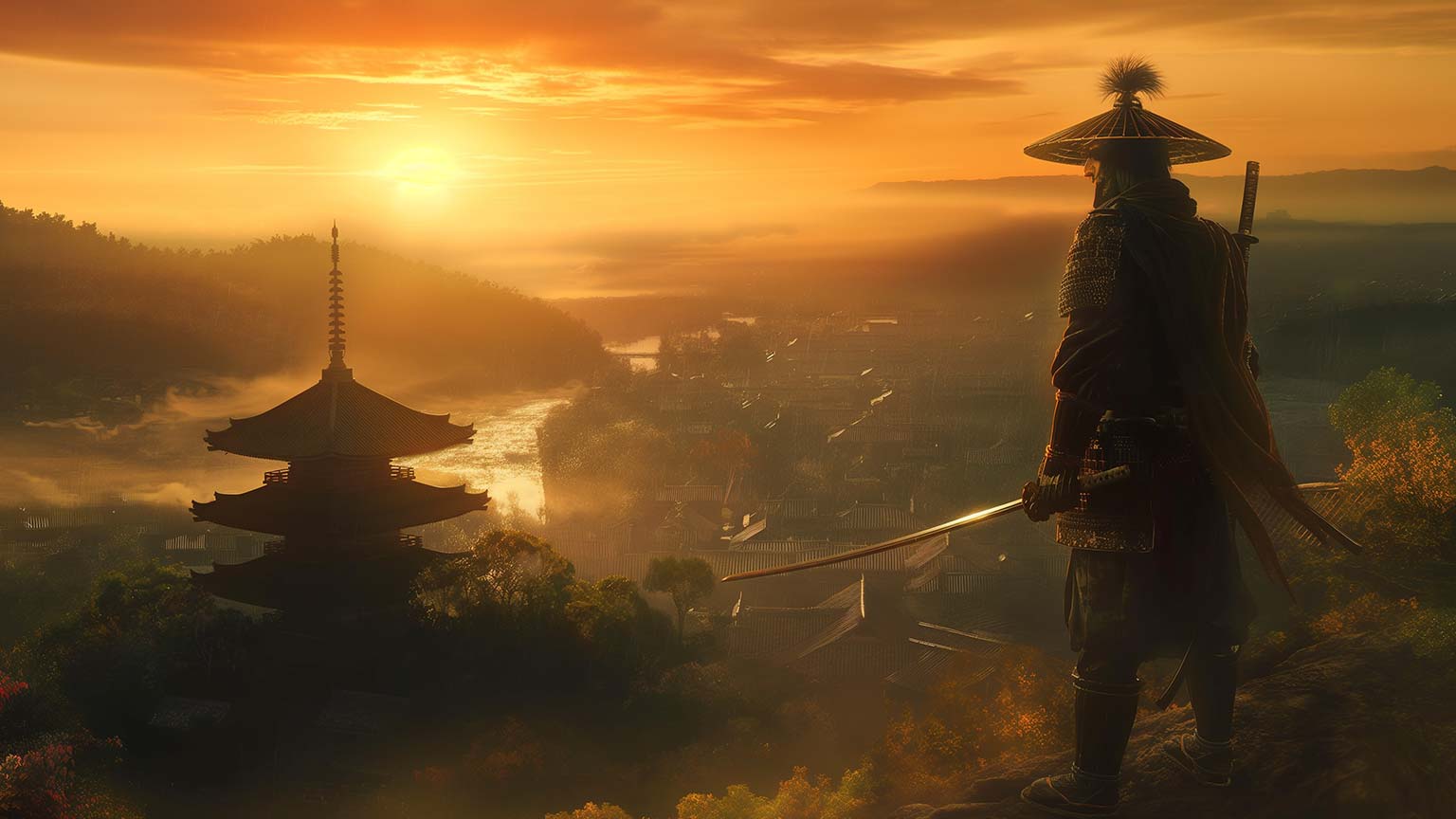 1536x864 Samurai Warrior Sunset Village Hilltop Desktop Wallpaper in 4K