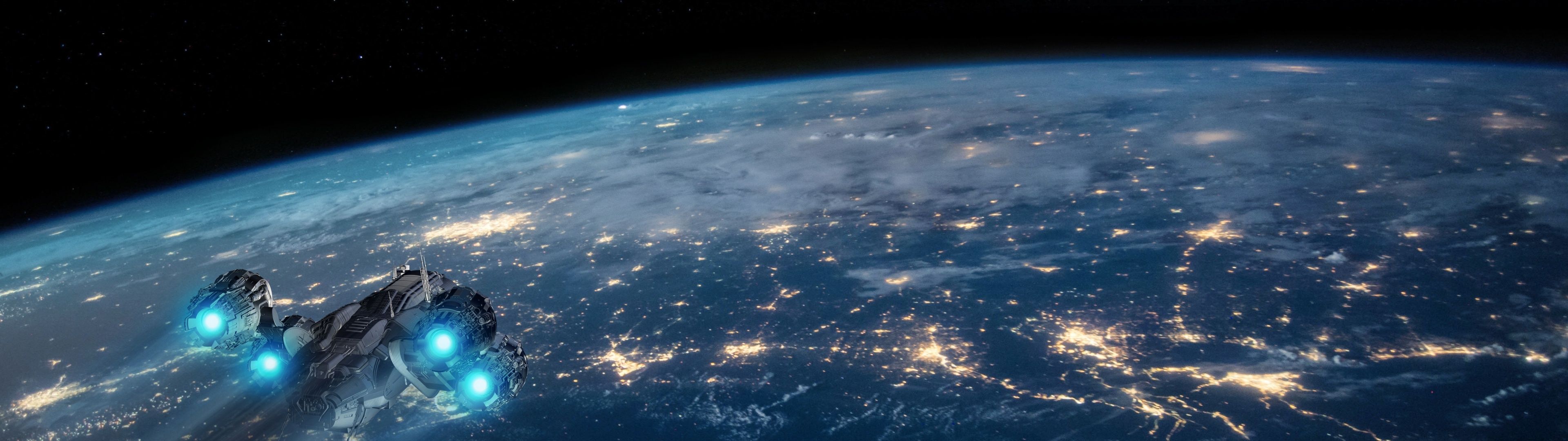 3840x1080 Earth Wallpaper 4K, Spaceship, Night, Stars, Night