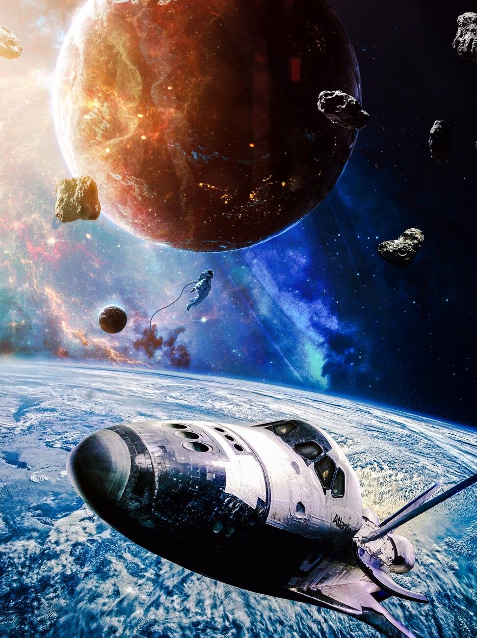 972x1300 Poster Spaceship and astronaut outer space. Wall Art 1 FREE