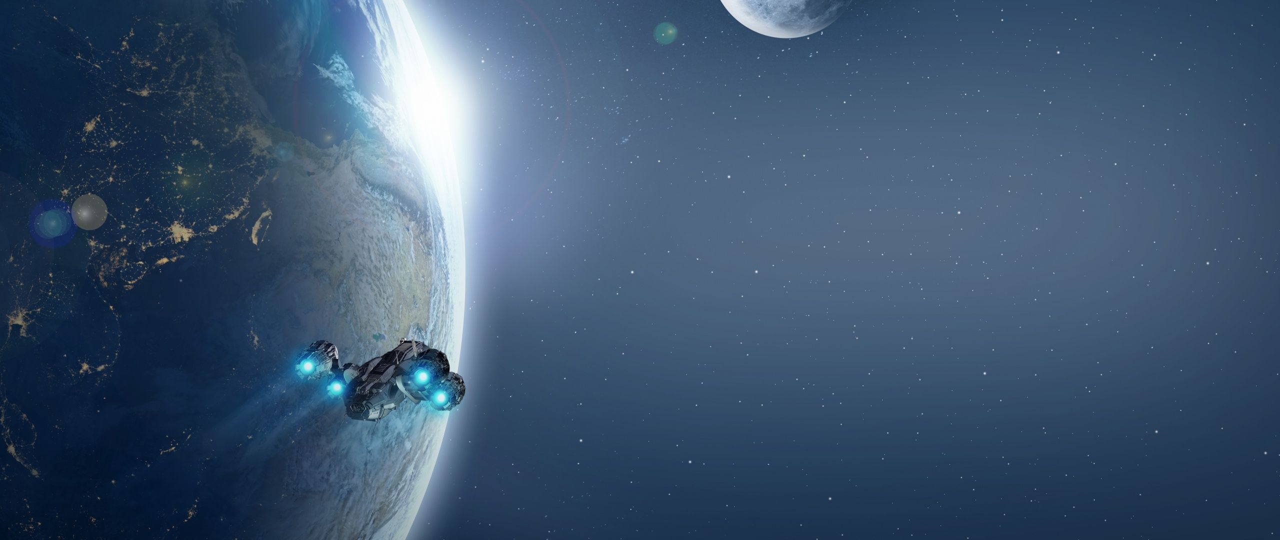 2560x1080 Spaceship Wallpaper 4K, Earth, Moon, Planets, Stars, Blue
