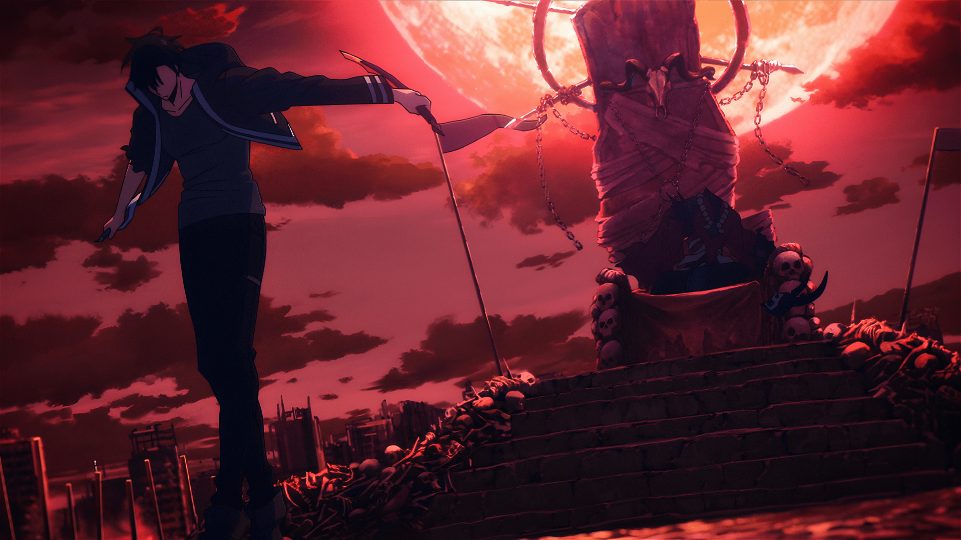 1920x1080 Solo Leveling HD Wallpaper: Sung Jin Woo's Shadow Walk In Fiery Twilight