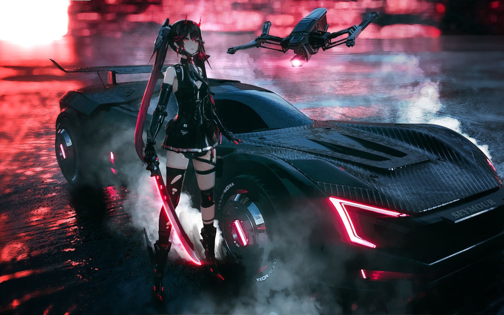 1920x1200 Wallpaper weapons, katana, anime, brunette, long legs, race car, drone, short dress for mobile and desktop, section сёнэн, resolution 1920x1200