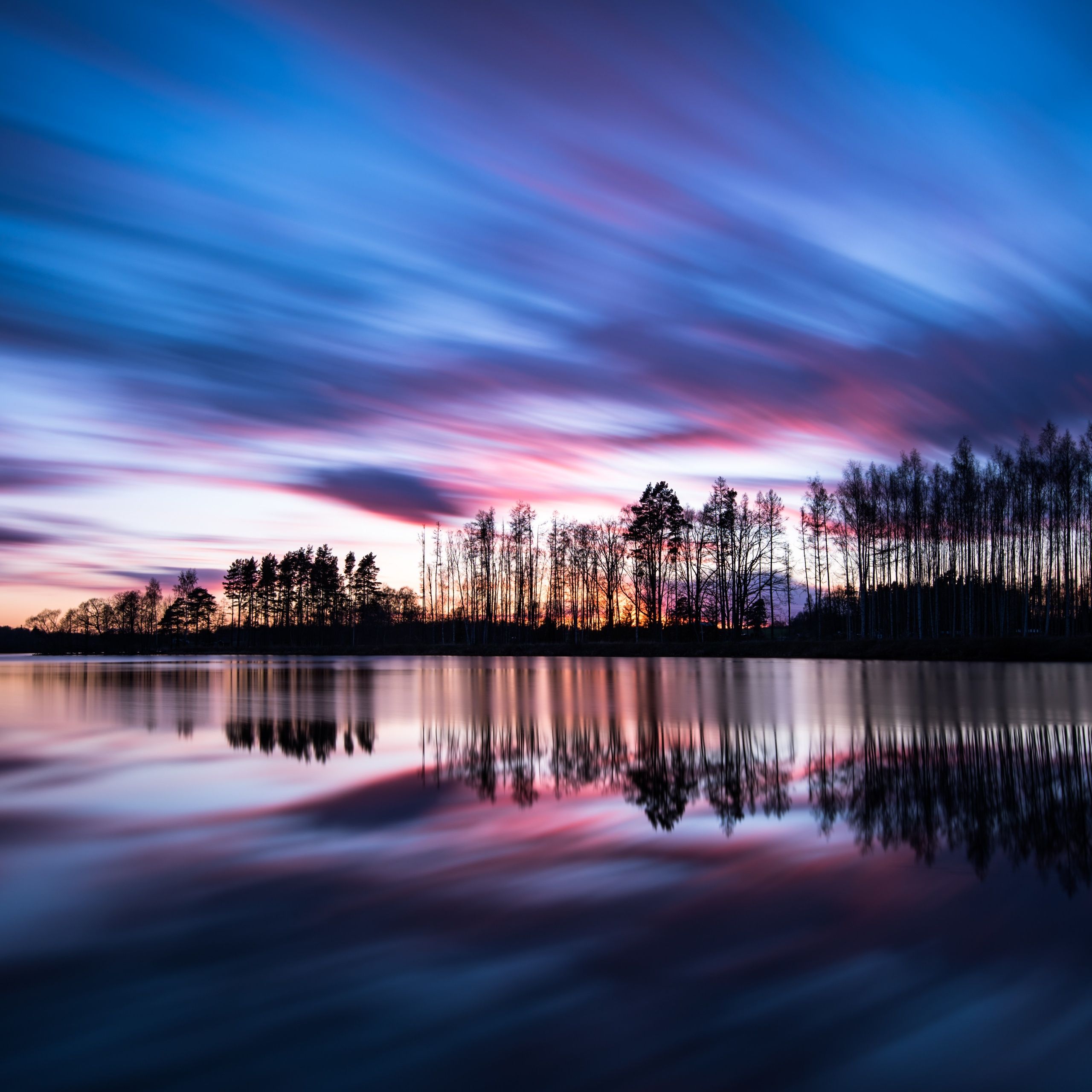 2560x2560 Outdoor Wallpaper 4K, Sunset, Sweden, Reflection, Trees