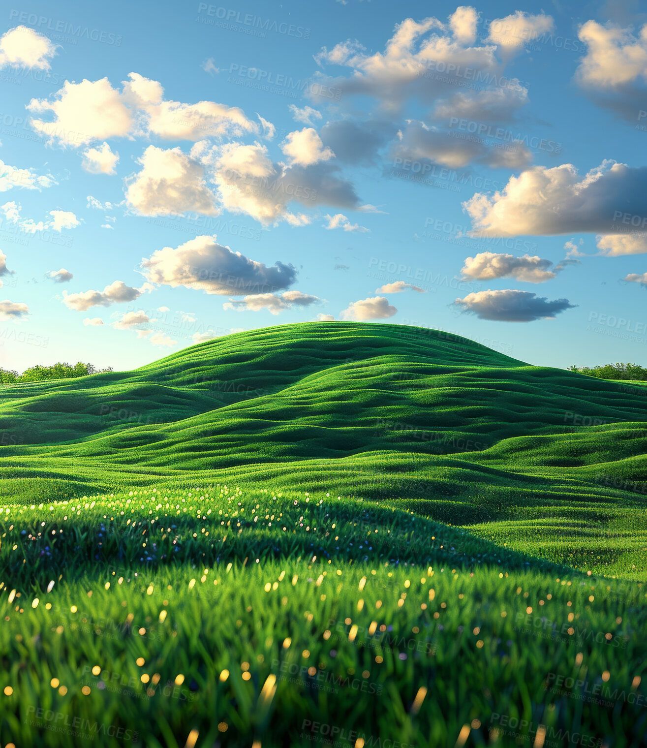 1315x1520 Green hills, cloudy sky and grass for landscape, digital painting or wallpaper for nature aesthetic in Amsterdam. Field, grassland or meadow for art design, outdoor calm and sunshine in summer