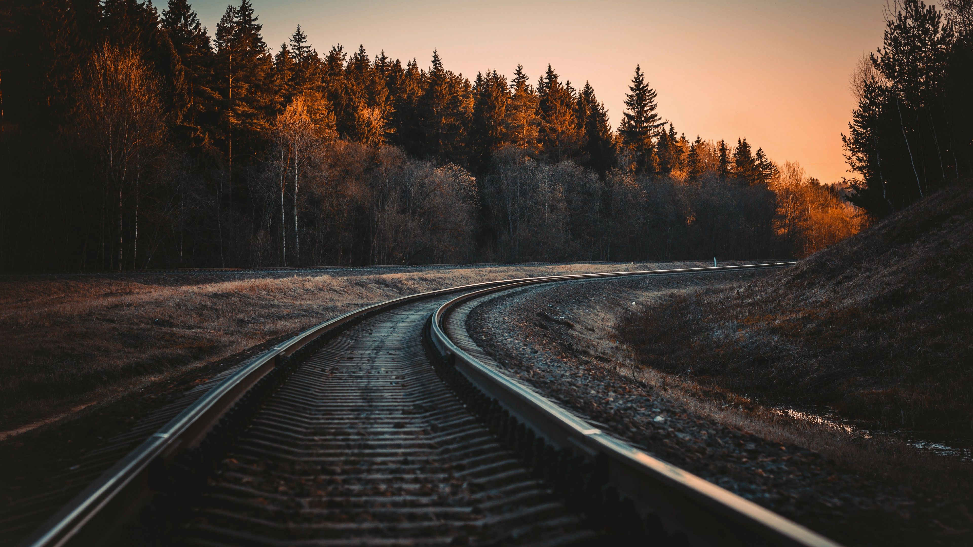3840x2160 Railway track Wallpaper 4K, Trees, Golden hour, Dusk, Curve