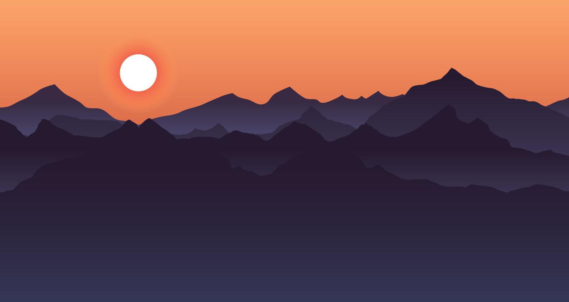 1848x980 Beautiful blue mountain landscape with sunrise and sunset in mountains background. Dark, night time. Outdoor and hiking concept. Sun in the sky. Vector. Good for wallpaper, site banner, cover, poster 7162596 Vector