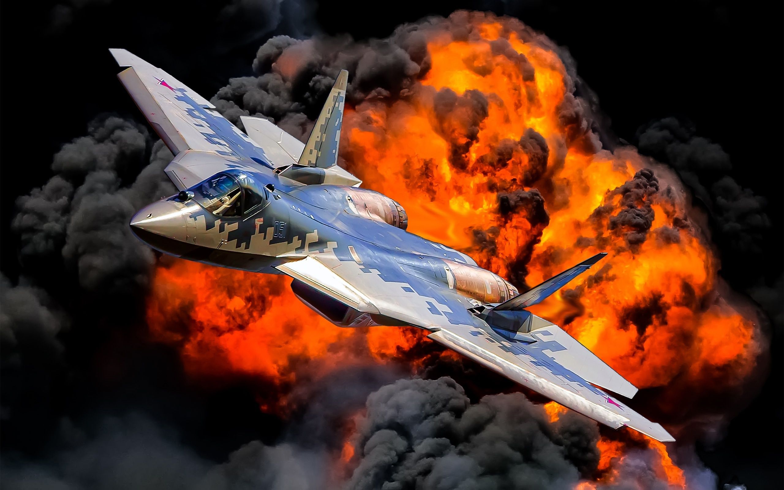 2560x1600 Wallpaper The Explosion, Lights, Flame, Multi Role Fighter, Videoconferencing Russia, The Fifth Generation Fighter, Su Su 57 For Mobile And Desktop, Section авиация, Resolution 2560x1600