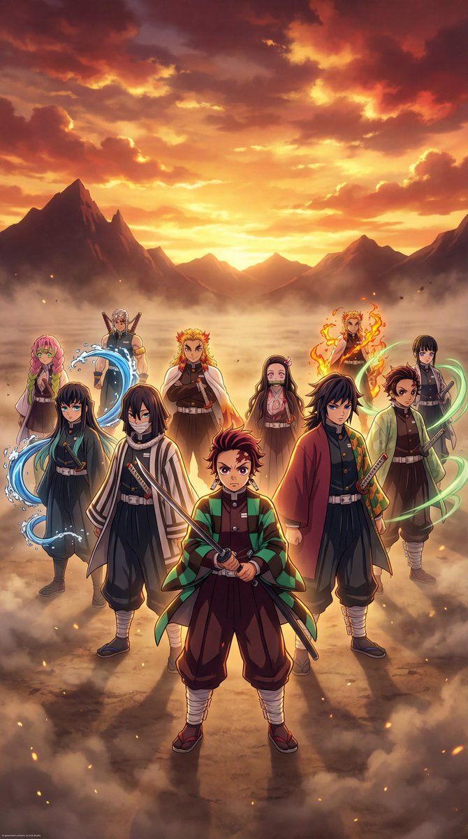 670x1200 Vibrant wallpaper of Demon Slayer: Kimetsu no Yaiba with Tanjiro Kamado, Nezuko Kamado and the Hashira ✨ Edited by me on ImaStudio—create yours now! #imastudio #DemonSlayer #anime #Wallpaper