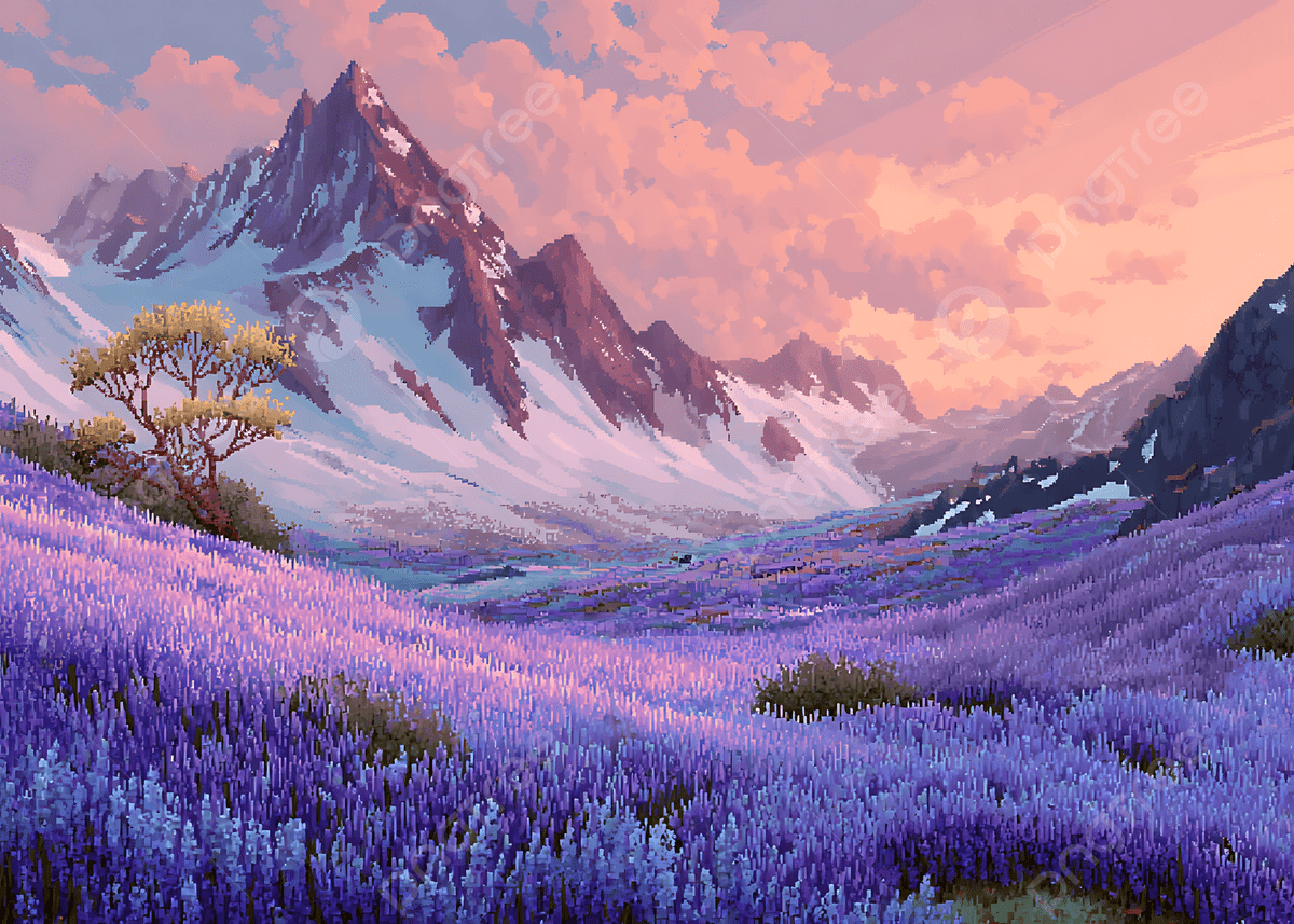 1200x857 Pixel Art Lavender Field Landscape With Mountains And Pink Sunset Sky For Retro Digital Scenic Design, Pixel, Art, Lavender Background Image And Wallpaper for Free Download