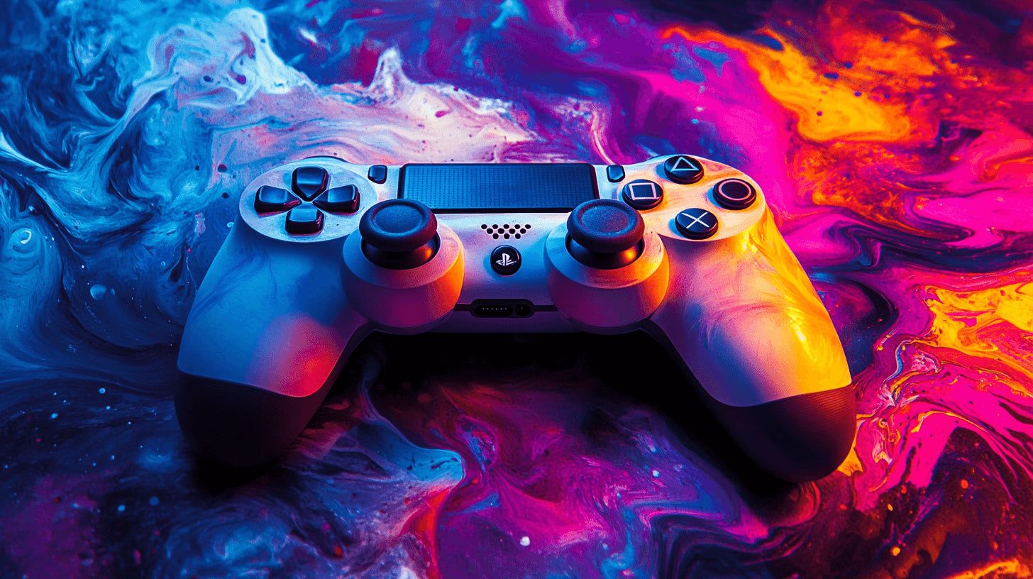 1456x816 Gaming Mural Wallpaper. PlayStation Controller with Vibrant Colors