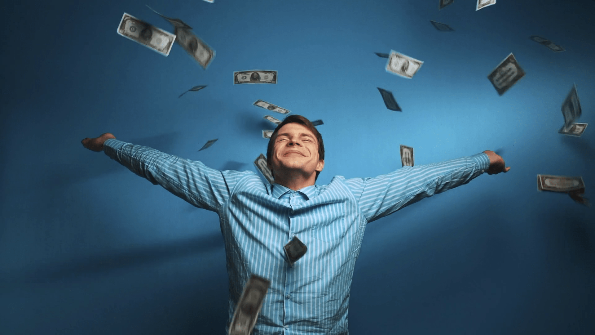 1920x1080 Successful Businessman Surrounded by Falling Money. Finance, Wealth, and Achievement