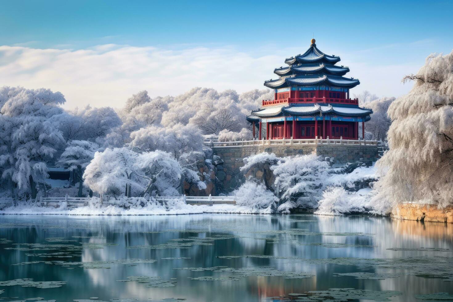 1470x980 Winter landscape of the famous Gyeongbokgung palace in South Korea, Imperial Summer Palace in Beijing, China, AI Generated
