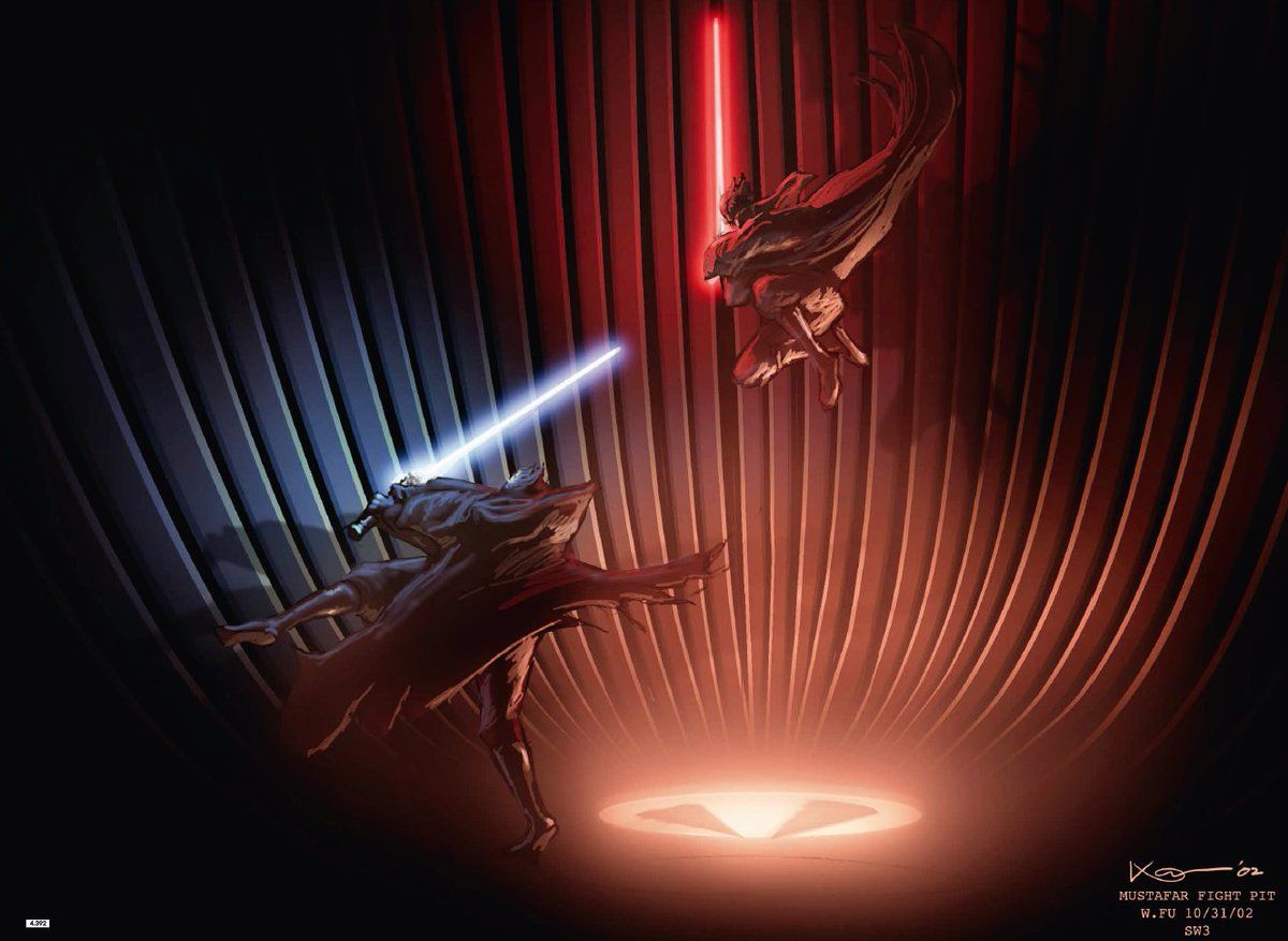 1200x877 October 2002: Star Wars: Revenge of the Sith: Warren Fu's concept for the Mustafar fight in a pit. Note that Fu has shown Darth Vader's lightsaber as red—usually an indicator for