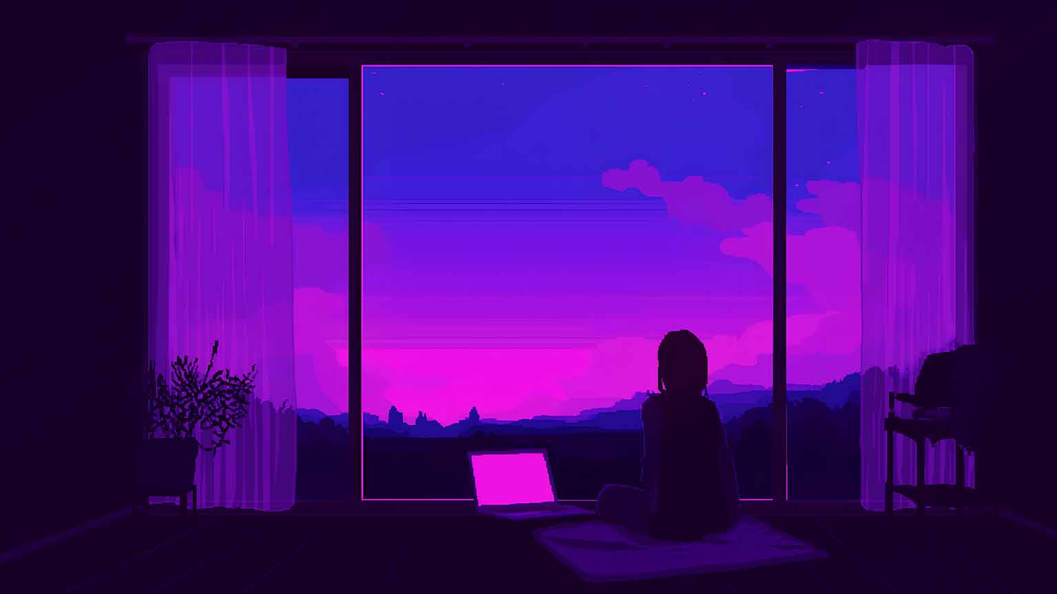 1536x864 Lofi Anime Girl Looking at a Purple Sunset Desktop Wallpaper 4K
