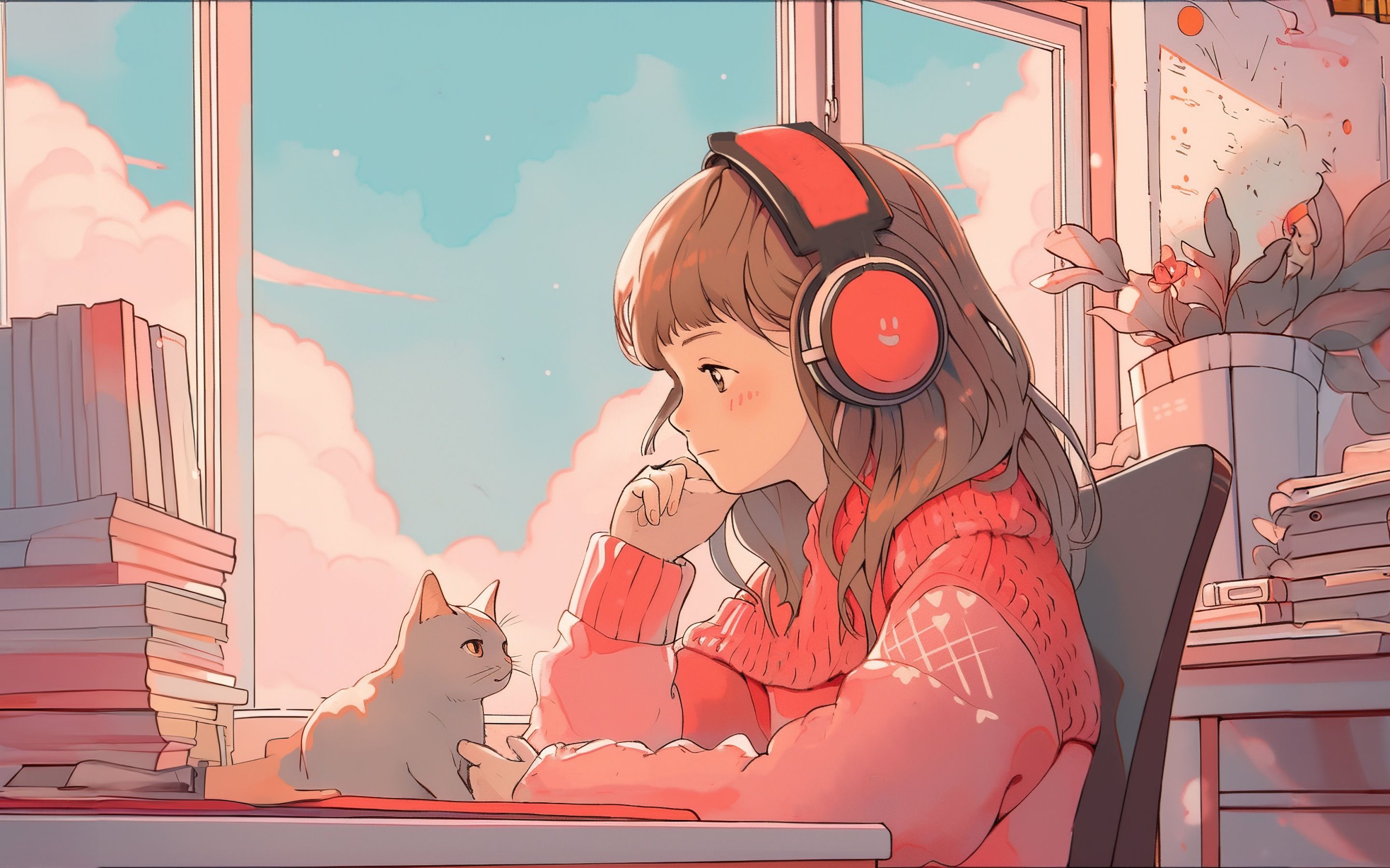 2880x1800 Lofi Wallpaper 4K, Anime girl, AI art, Alone, Cat