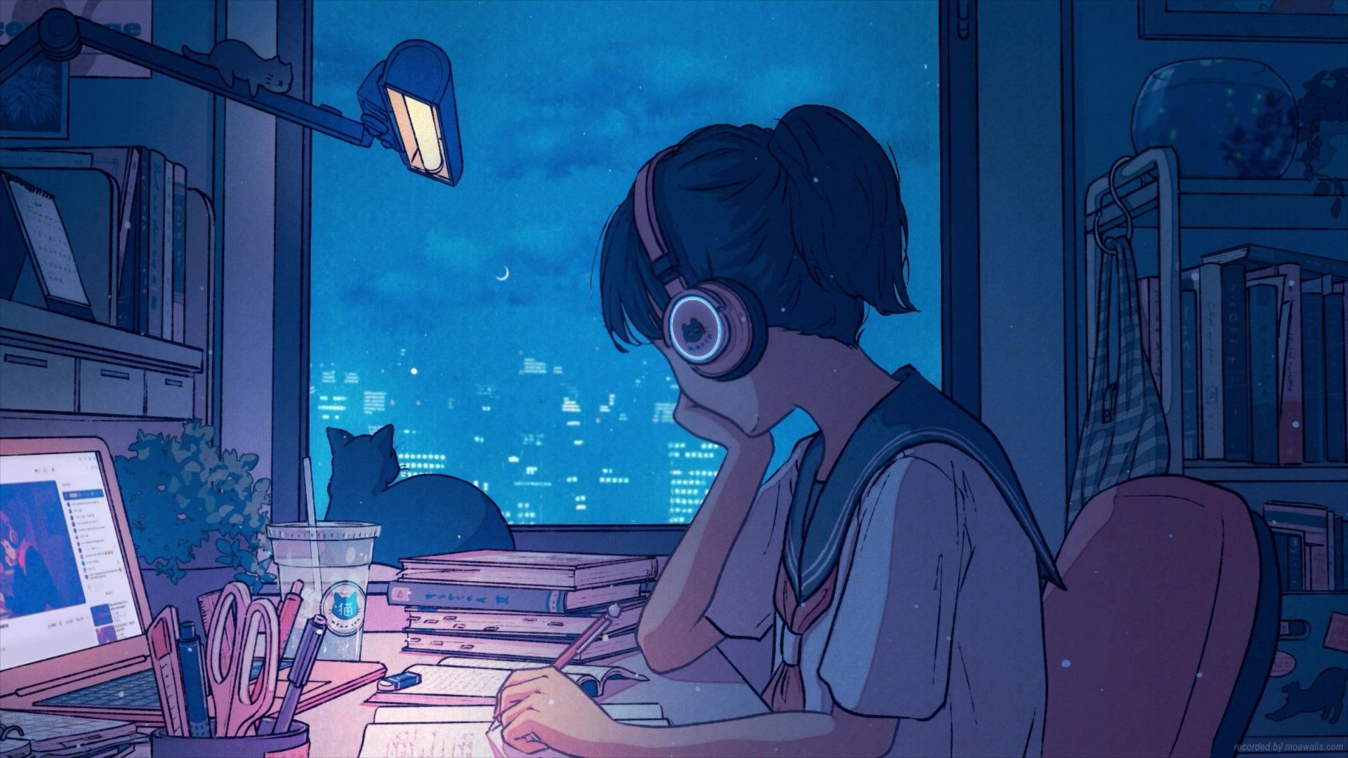 1920x1080 Lofi Anime Girl Watching The Rain With Cat Live Wallpaper