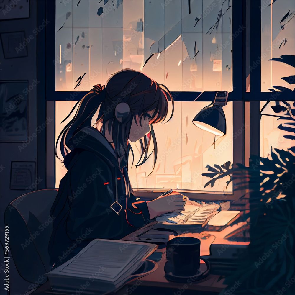 1000x1000 Lofi Girl Studying At Her Desk. Rain Ourside, Beautiful Chill, Atmospheric Wallpaper. 4K Background. Lo Fi, Hip Hop Style. Anime Manga Style. Stock Illustration
