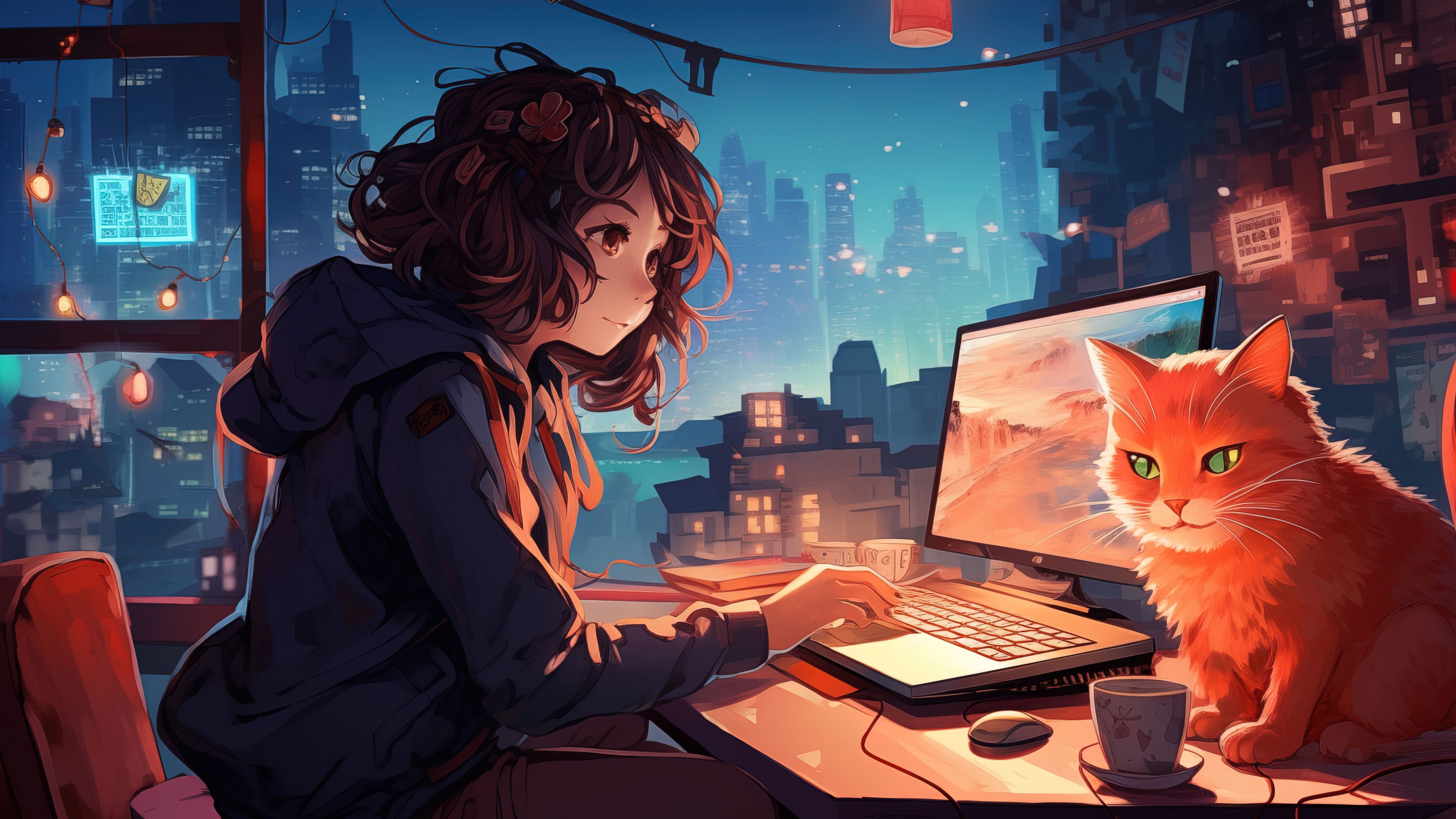 4480x2520 Lofi girl Wallpaper 4K, Working, Night, 5K, Anime girl