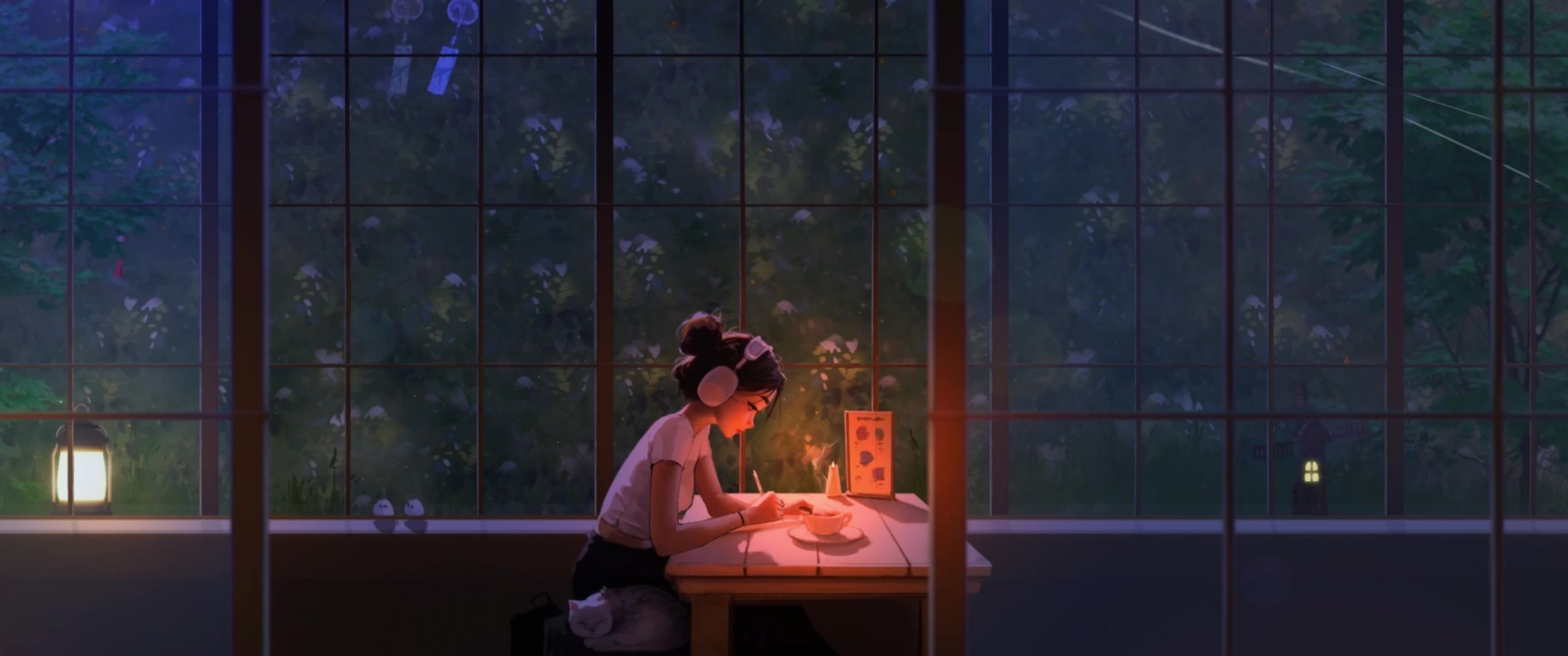 2579x1080 A Cozy Lo Fi Night For Study Live Wallpaper