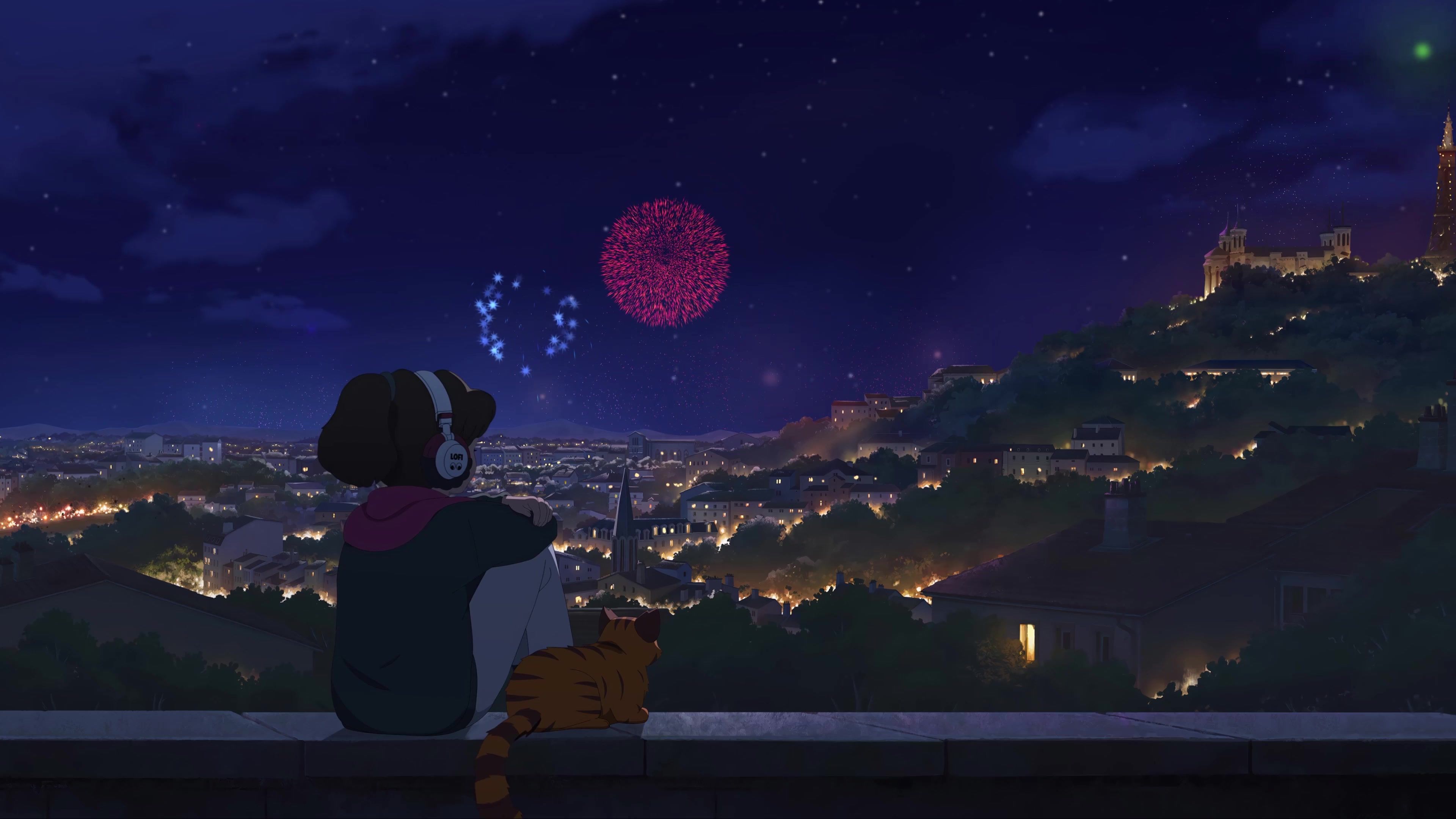 3840x2160 Lofi Girl Night Fireworks Live Wallpaper