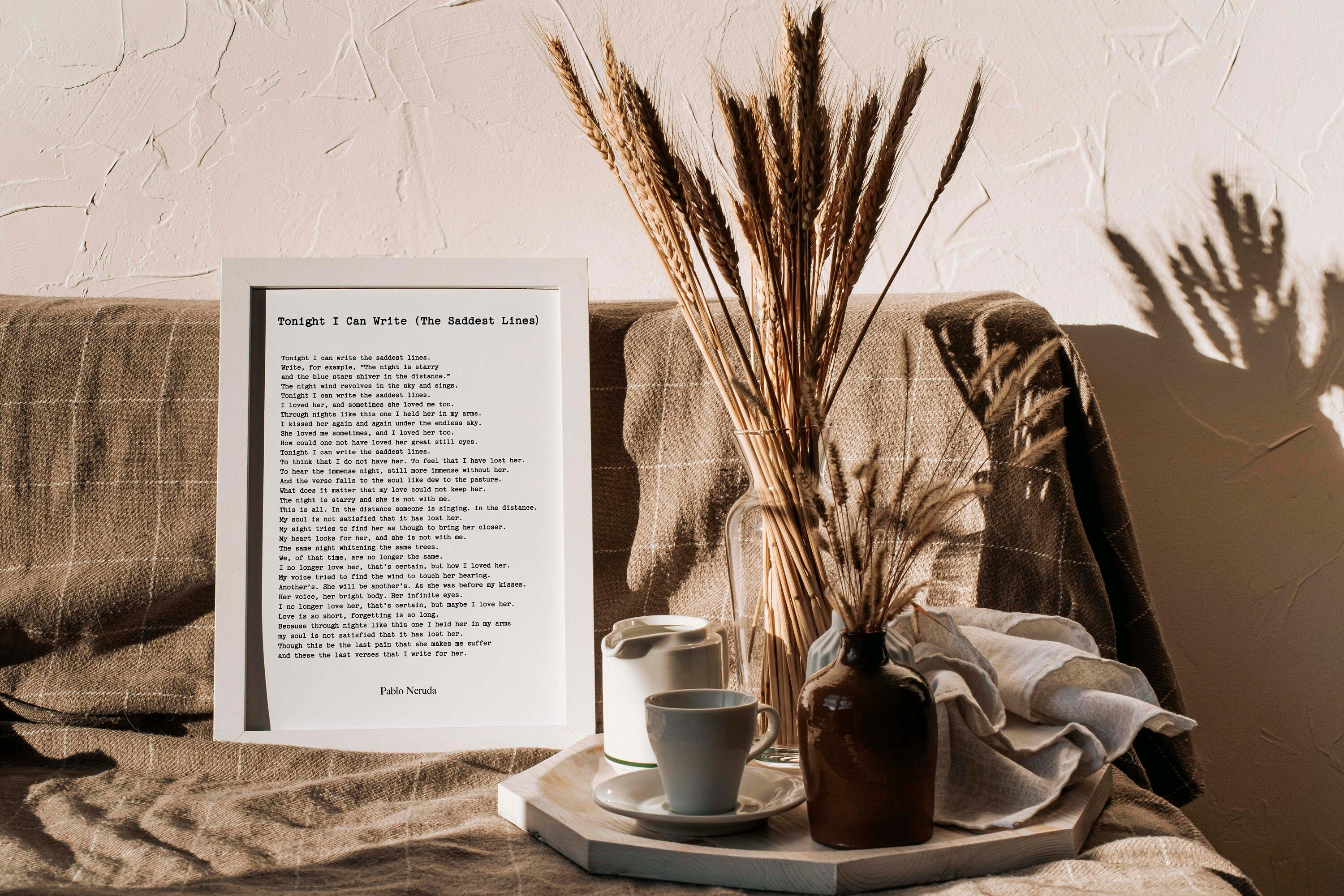 3000x2002 Pablo Neruda Poem Print, Tonight I Can Write the Saddest Lines, Poetry Wall Art
