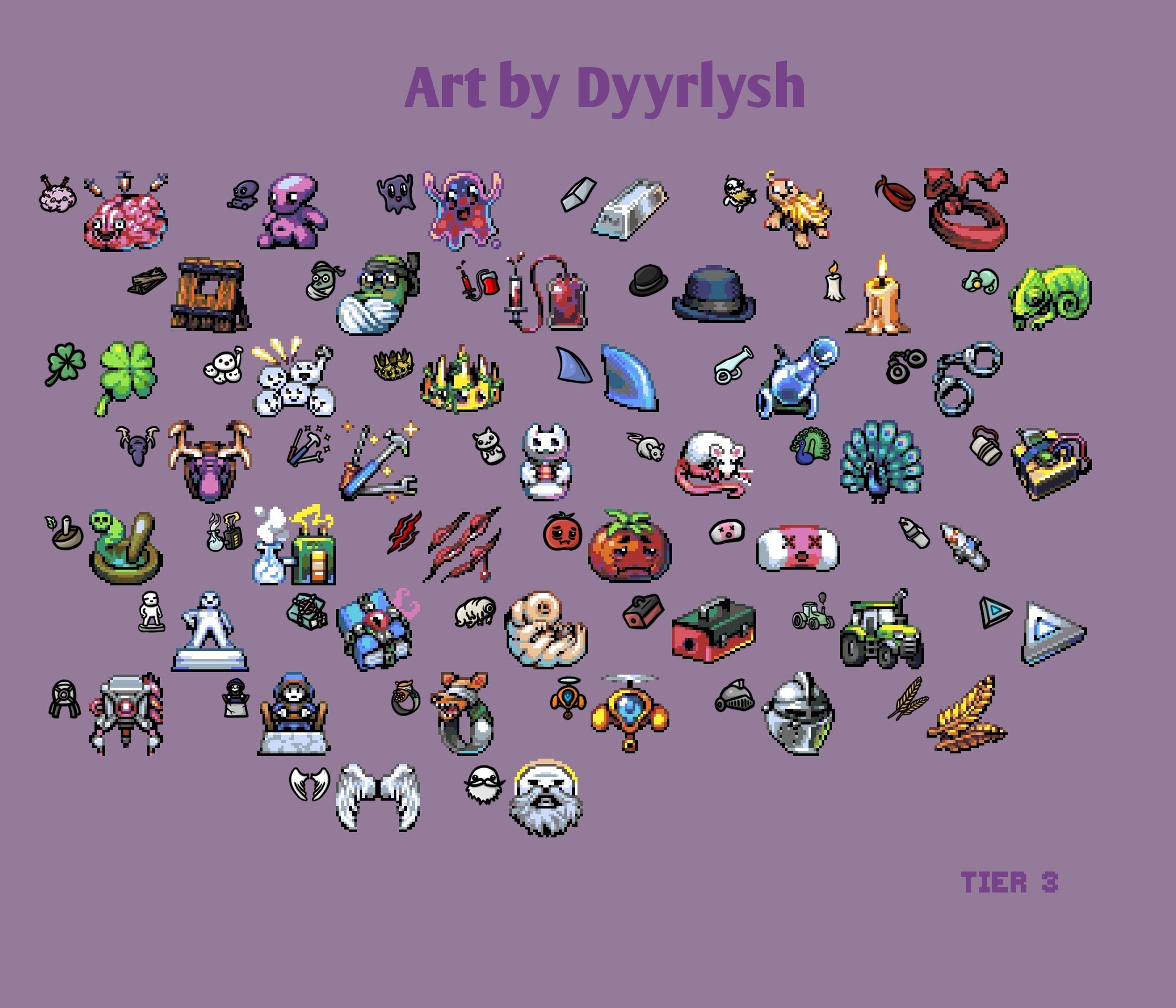 2240x1920 I reimagined all of Brotato's items into my own pixel art style! (Original sprites included for comparison)