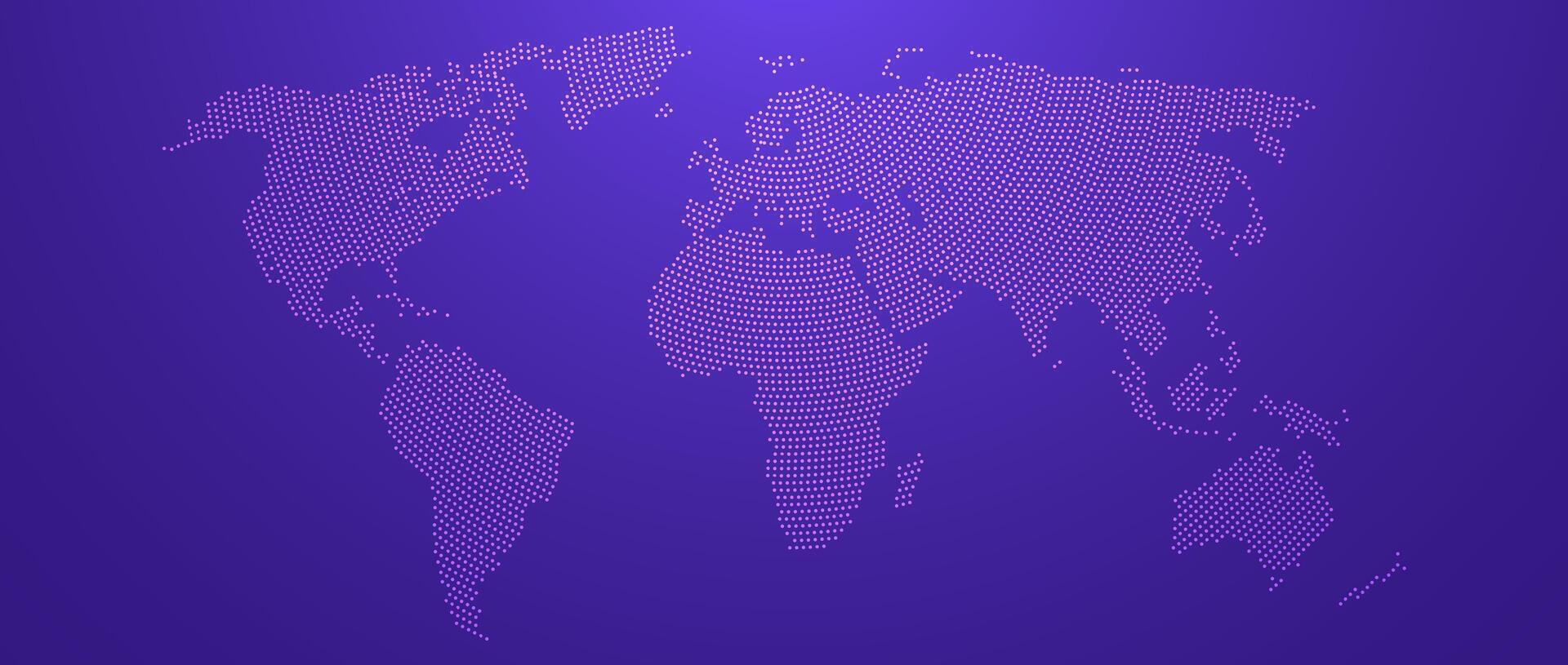 1920x815 Purple glowing pixel world map concept. Abstract neon dotted line globe worldmap for poster, banner, brochure, flyer, booklet, presentation. Continents infographics wallpaper
