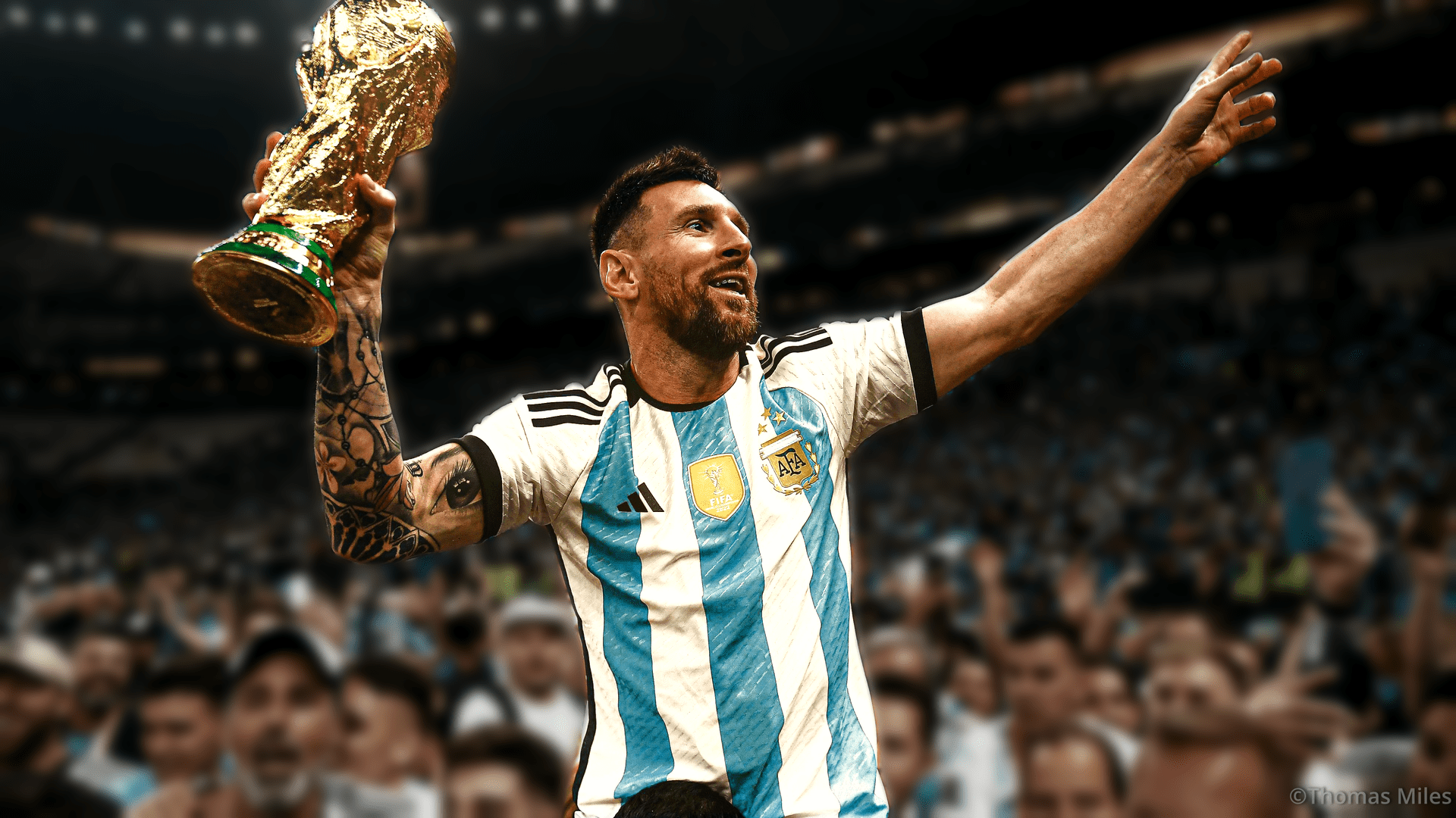 1920x1080 Here's an edit I made for a photo of Lionel Messi with the world cup. Hope someone likes it. [1920x1080]