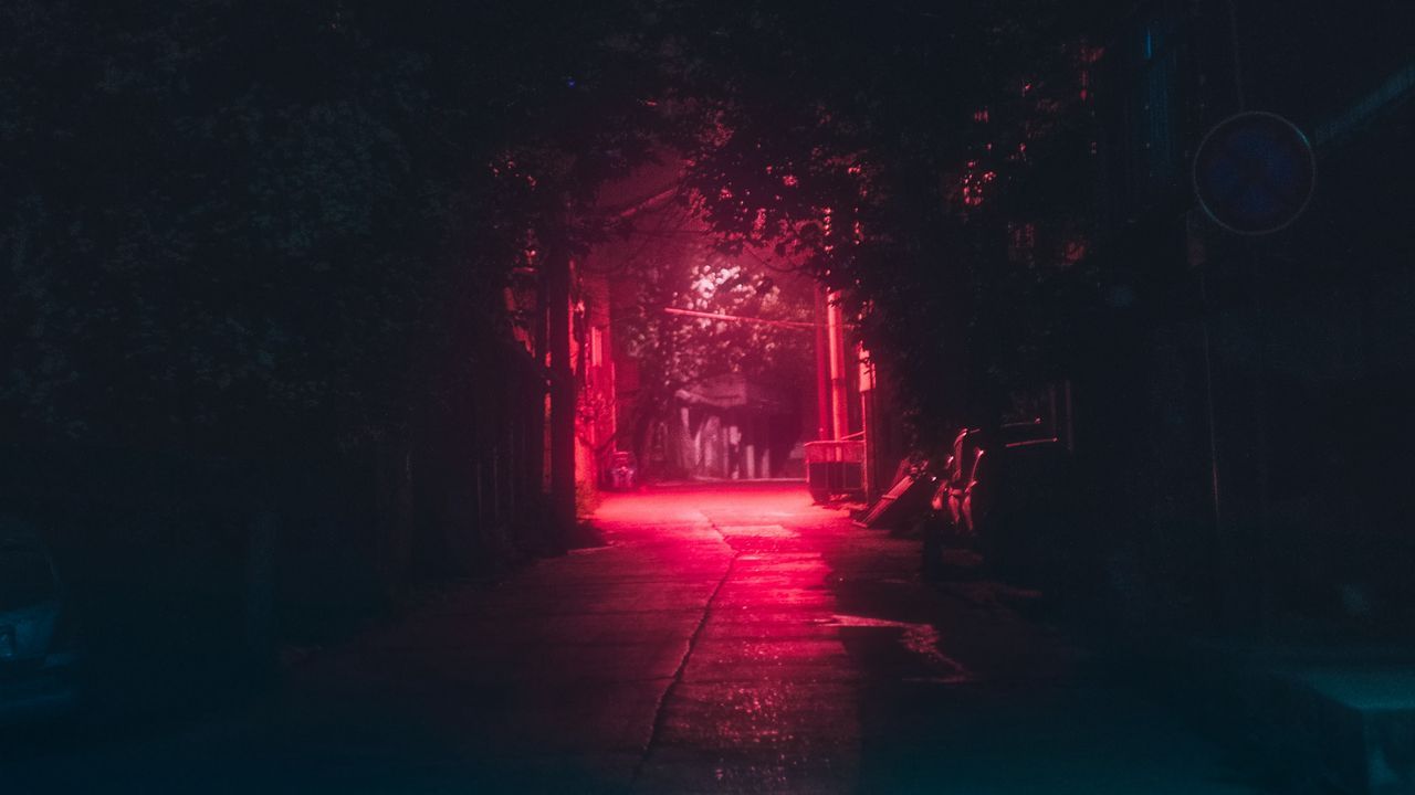 1280x720 Wallpaper lane, night, dark, urban, lighting, red hd, picture, image