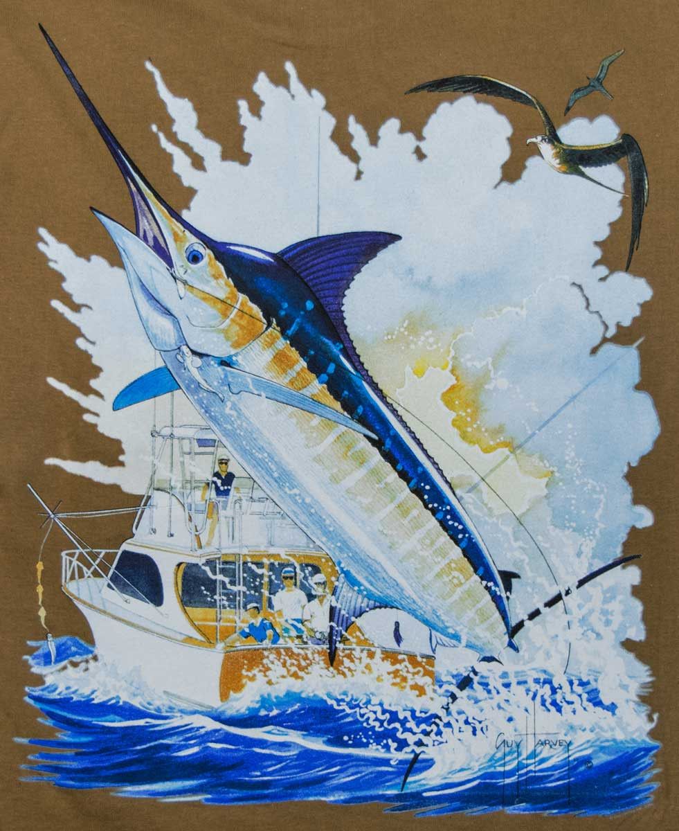 981x1200 Guy Harvey Offshore Boat Men's Back Print Pocket Free Tee In Camel