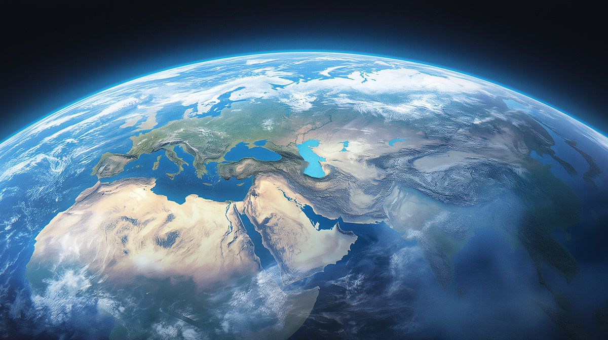 1200x672 Orbital Earth View Mural Wallpaper. High Definition Globe, Europe And Asia Focus, Warm Cool Contrast