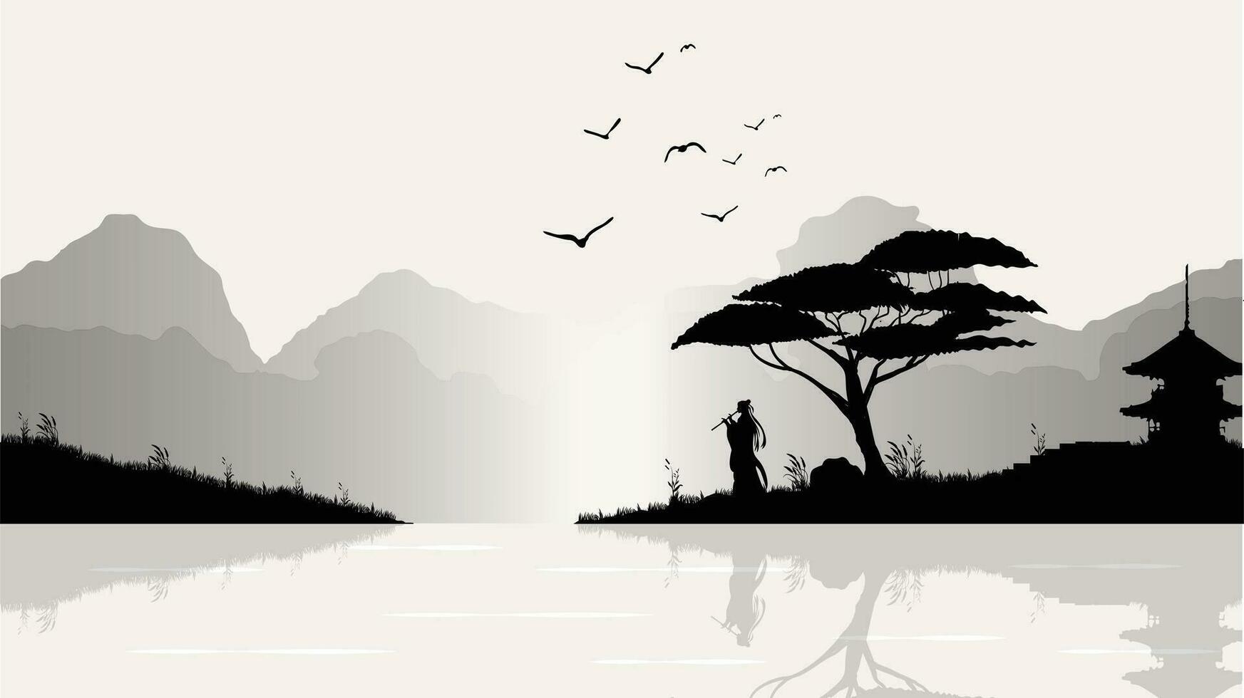 1745x980 people playing the dizi in the edge of the river wallpaper 4K desktop. cool night vibe and full moon. landscape view Chinese ink style illustration vector background