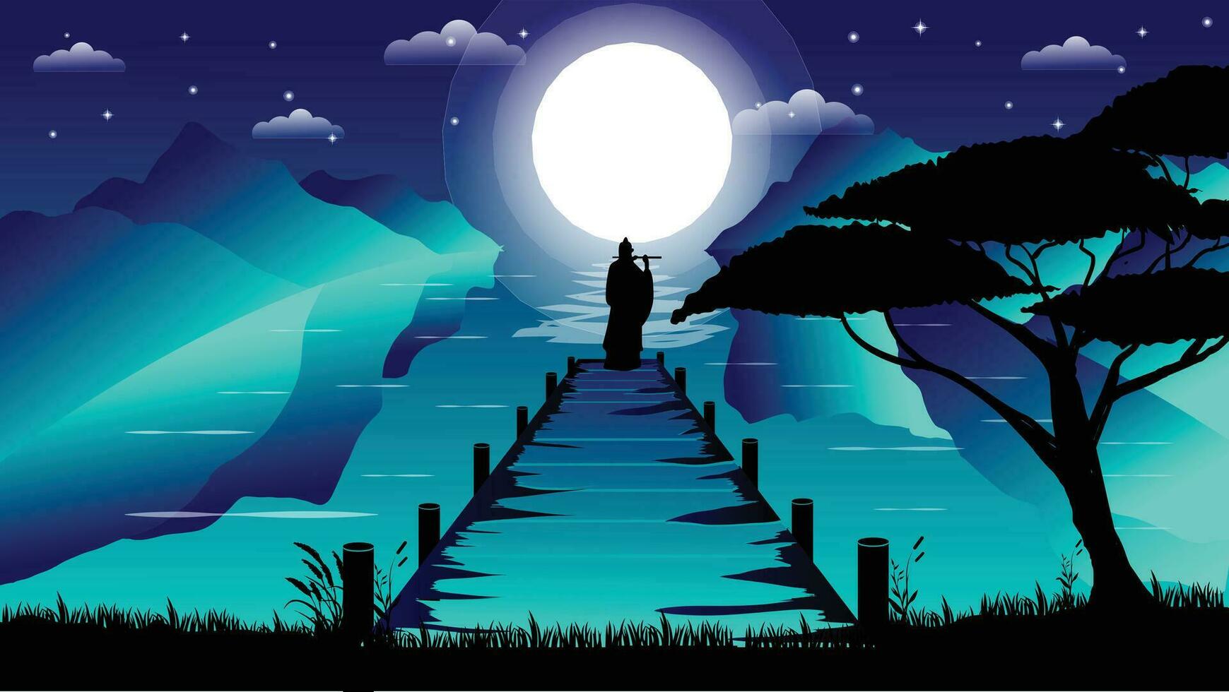 1739x980 people playing the dizi in wooden harbor wallpaper 4K desktop. cool night vibe and full moon. landscape view sparkling style illustration vector background