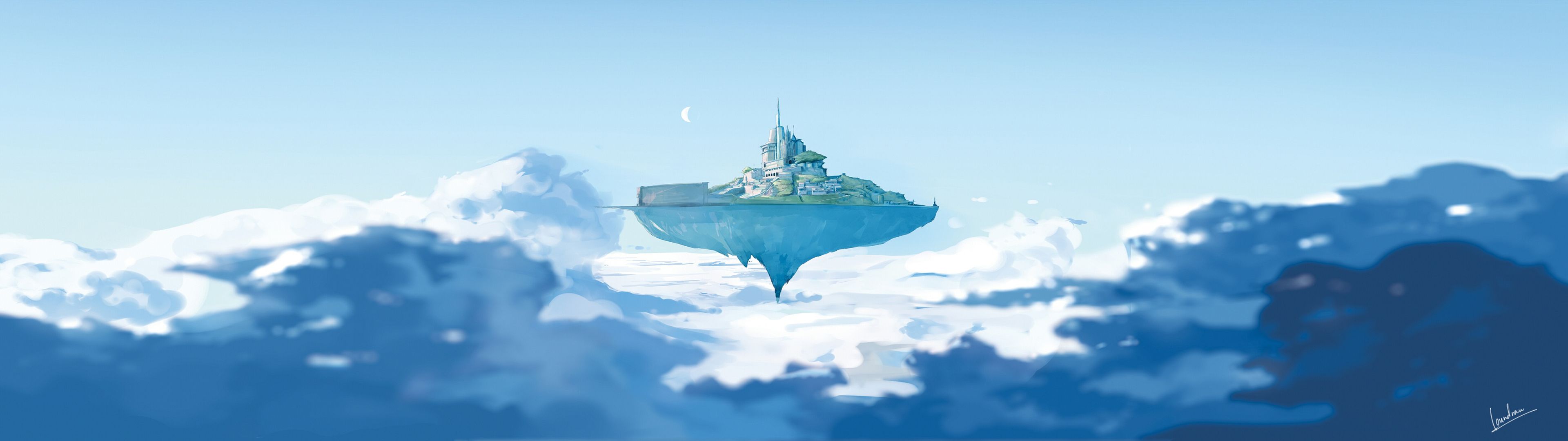 3840x1080 island, Floating, Drawing, Dual, Multi, Fantasy Wallpaper HD / Desktop and Mobile Background