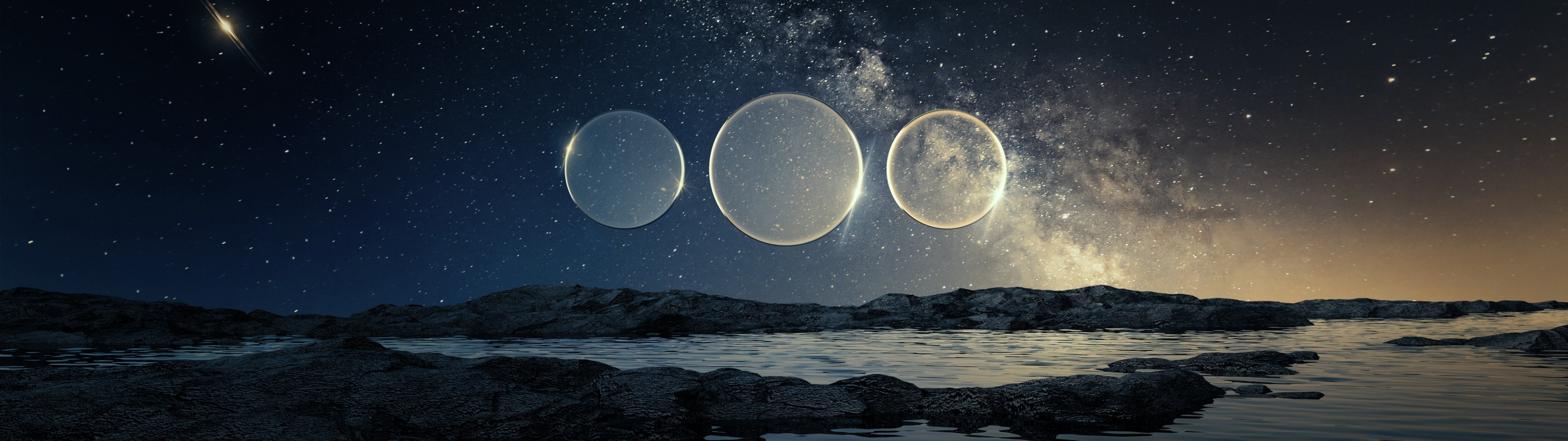 3840x1080 Seashore Wallpaper 4K, Dusk, Circles, Starry sky, Sunset