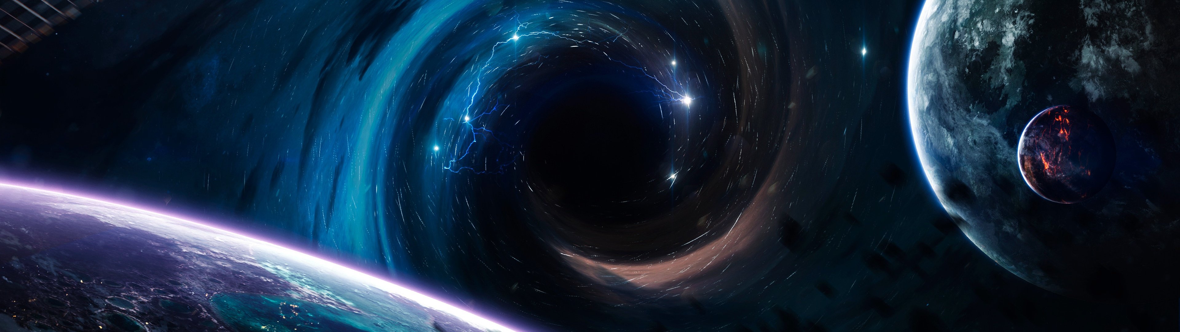 3840x1080 Black hole Wallpaper 4K, Planets, Horizon, Asteroids