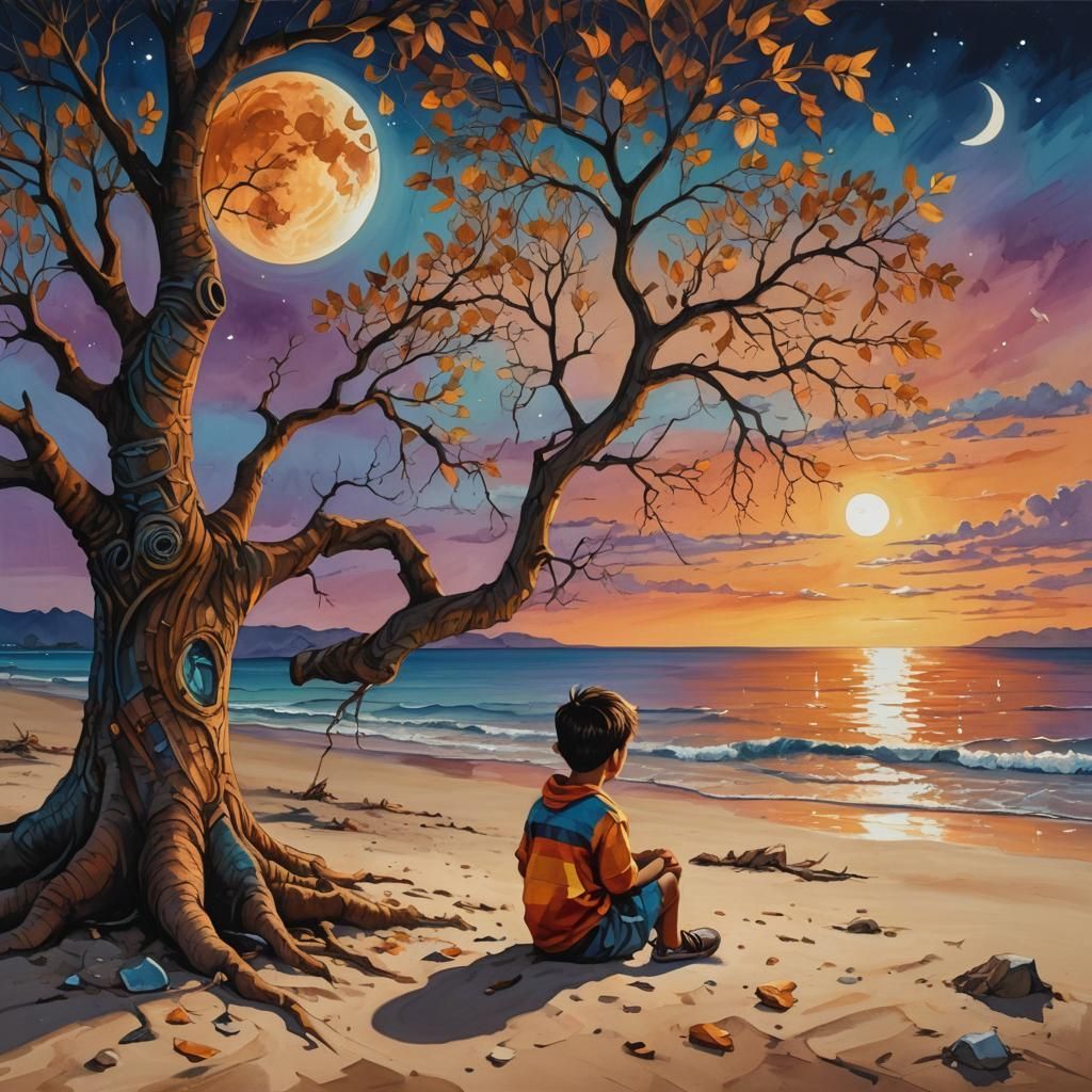 1024x1024 Pop Surrealism: Boy Under Tree at Sunset