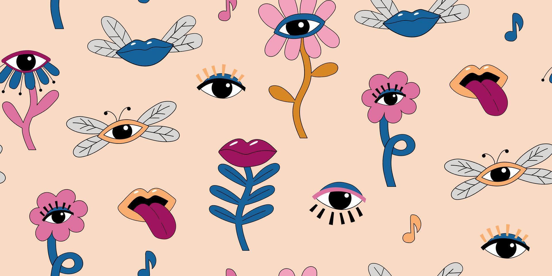 1920x960 Eye lips surrealism art design background. Psychedelic flowers and insects in the form of eyes, lips. Pop art seamless pattern