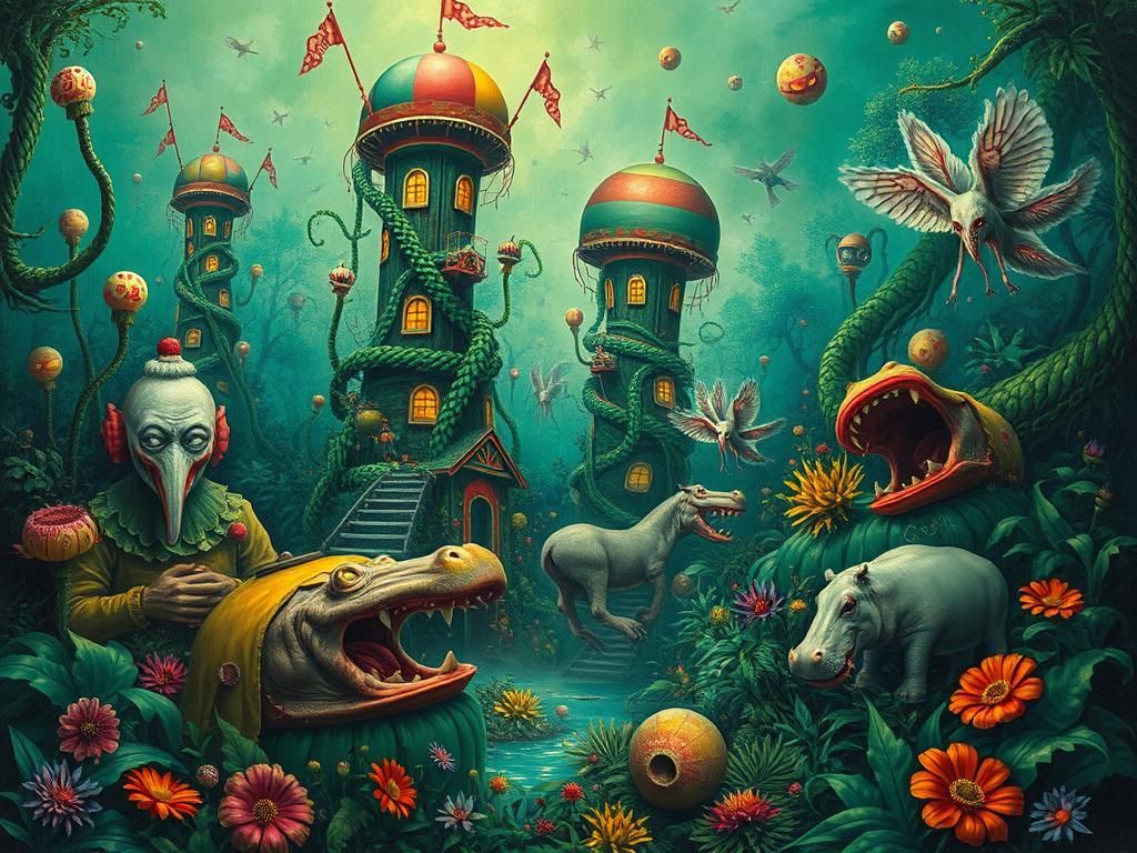 1024x768 Surreal Jungle Circus with Flying Hippos