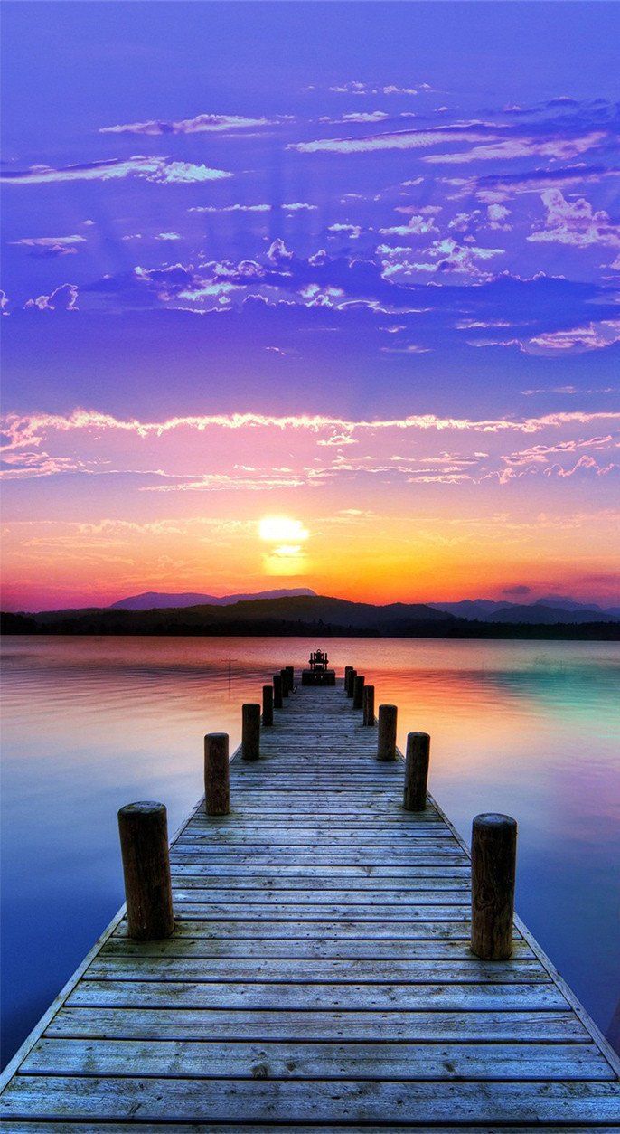 686x1254 3D sunset glow lake plank bridge stump door mural