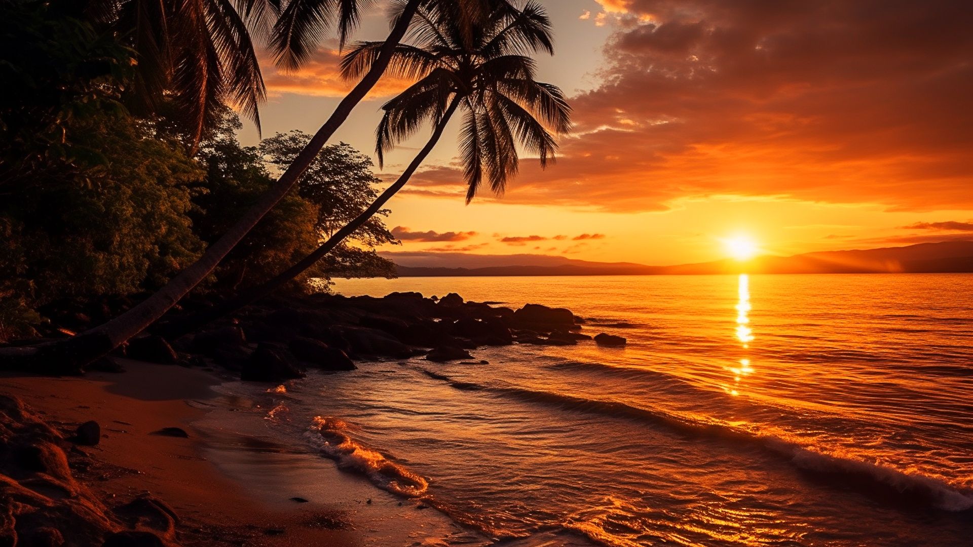 1920x1080 Wallpaper waves, beach, sky, sunset, water, art, clouds, rocks for mobile and desktop, section природа, resolution 1920x1080