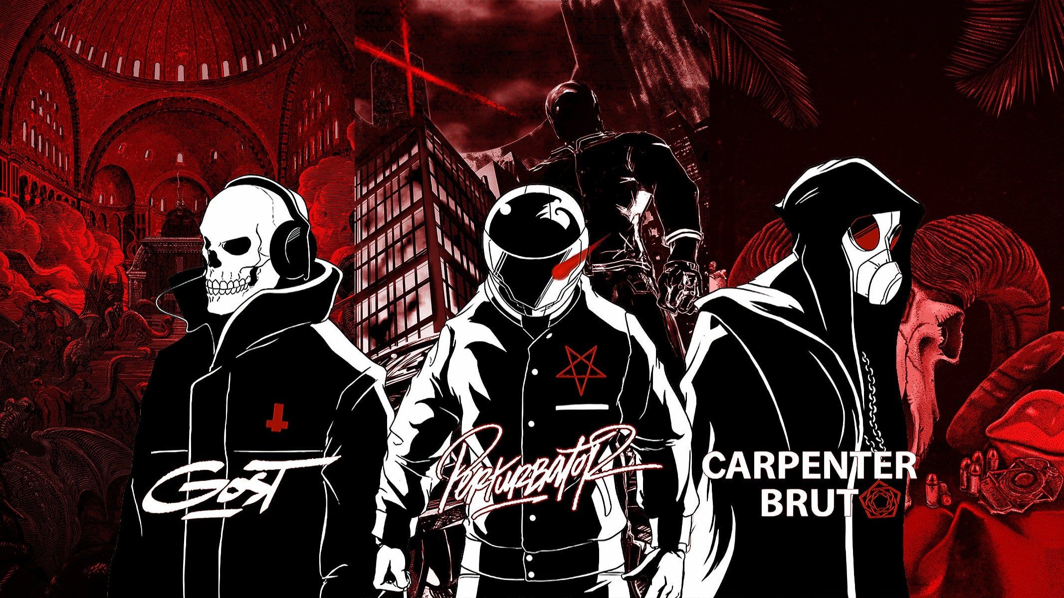 2133x1200 The Darksynth Trinity (Peturbator, Carpenter Brut, GosT) [2133x1200]
