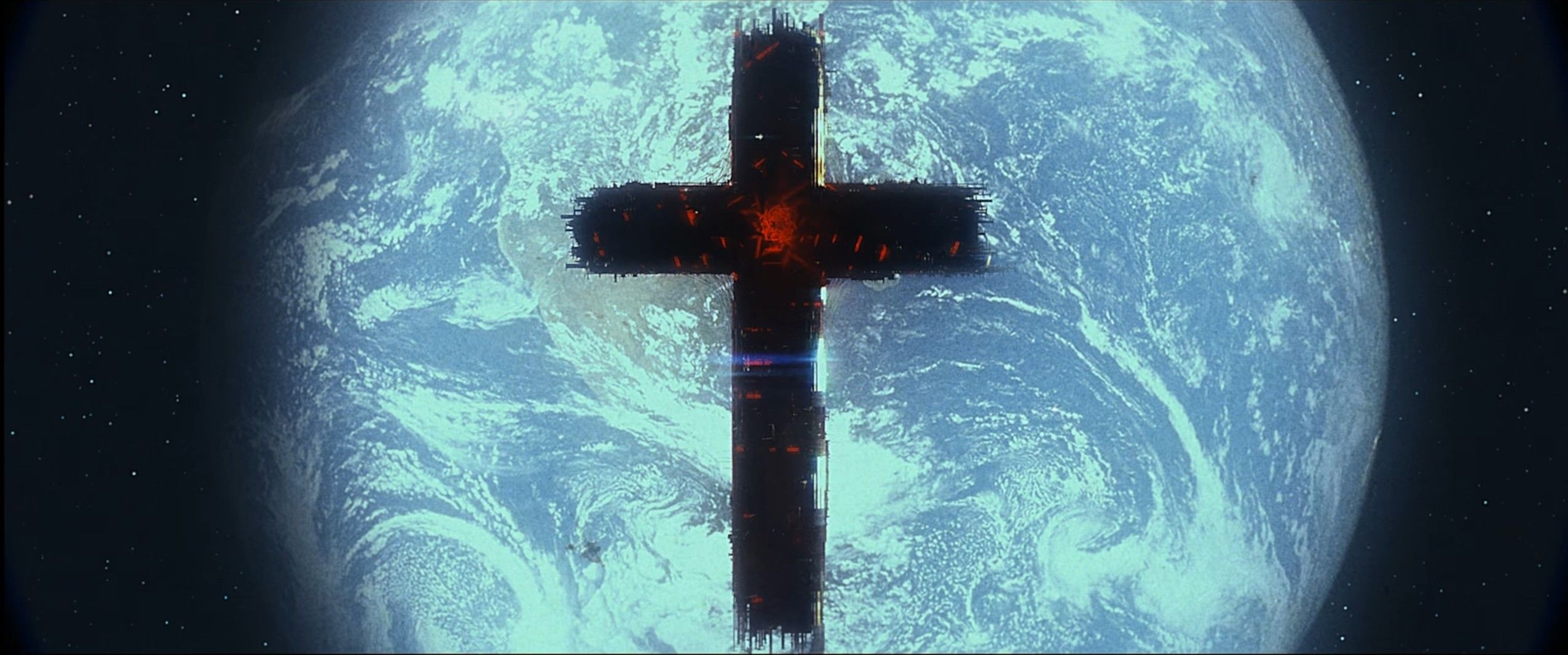 2551x1066 Seth Ickerman, Retro style, Turbo Killer, Carpenter Brut, Spaceship, Cross, Earth, Damaged film effect Wallpaper HD / Desktop and Mobile Background