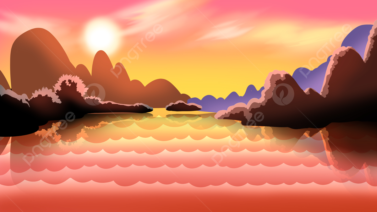 1200x675 Hand Painted Beautiful Sun Sunset Glow, Mountain Range, Mountain Peak, Reflection Background Image And Wallpaper for Free Download