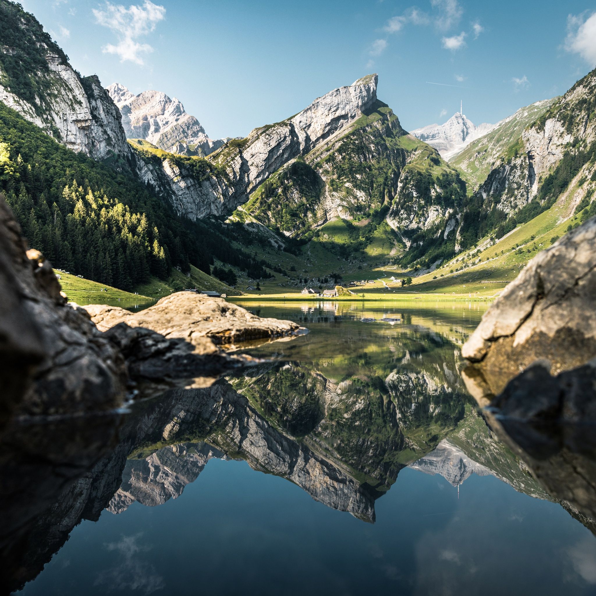 2048x2048 Seealpsee lake Wallpaper 4K, Alps mountains, Reflections
