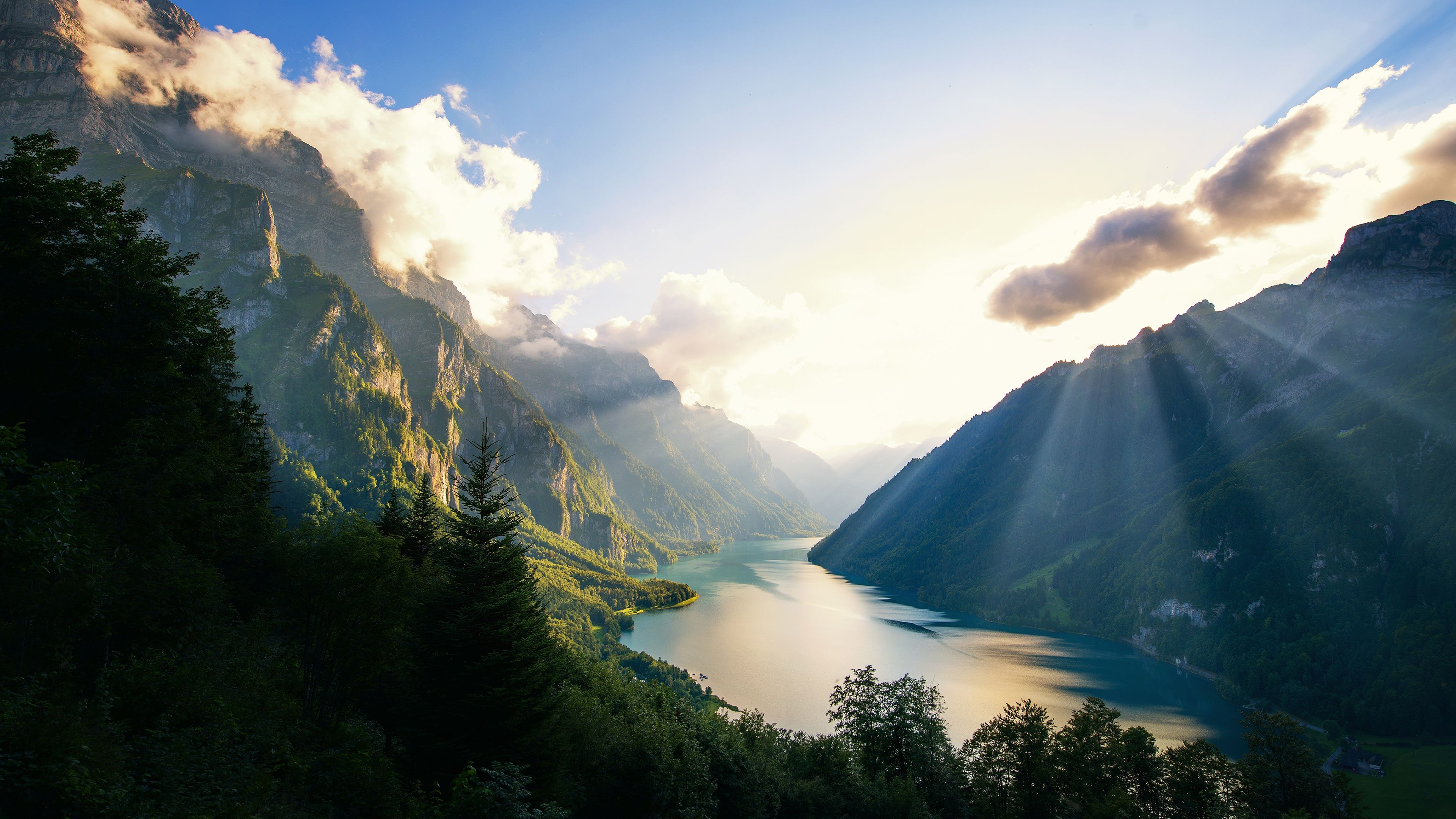 3840x2160 Klöntalersee Lake Wallpaper 4K, Alps, Switzerland, Landscape